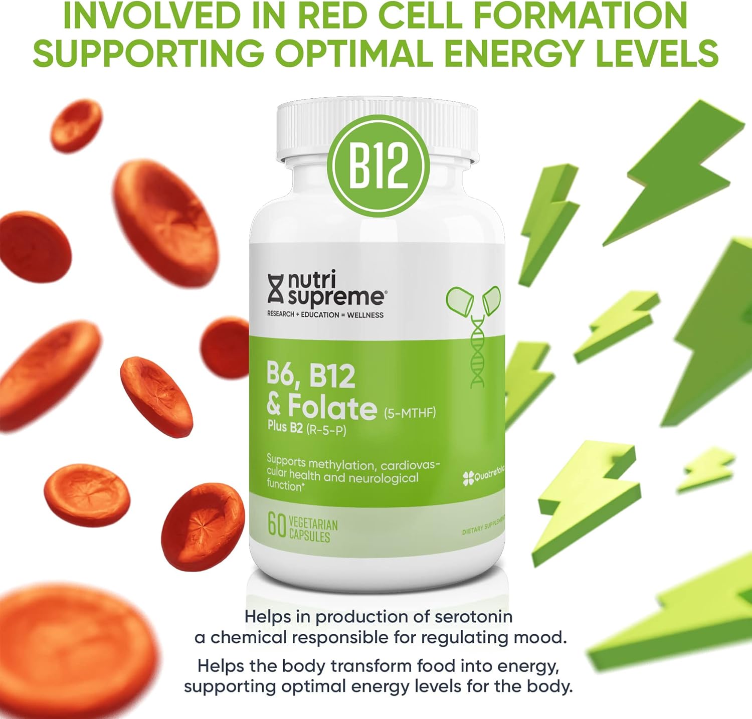 Nutri Supreme, Folate with B6 and B12, Helps Maintain Normal Homocysteine Levels and Cardiovascular Health, 60 Count, Kosher Certified