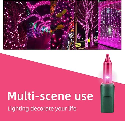 Miniatura 4 de XMASHOME Cadena de luces de alambre verde rosa de 19.6 pies, 100 luces incandescentes de Navidad (rosa, 100 luces)