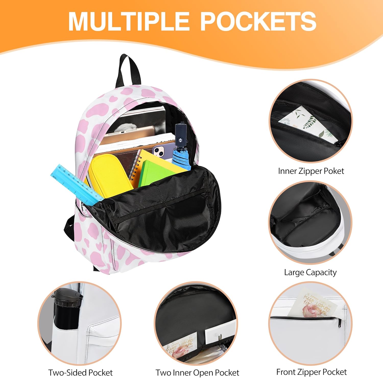 3PCS Backpack for Boys Girls Back To School, Kids Backpack for Teens Elementary Middle High School Students, Large Capacity 17 Inch Bookbags with Lunch Box and Pencil Case (Cow)