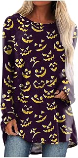 Halloween Top for Women Funny Cool Long Sleeve Tshirt Plus Size Halloween Crew NEC T Shirts Fit Pumpkin Blouses Oversized Tshirts Shirts for Women Blouses for Women Graphic Tees for Women
