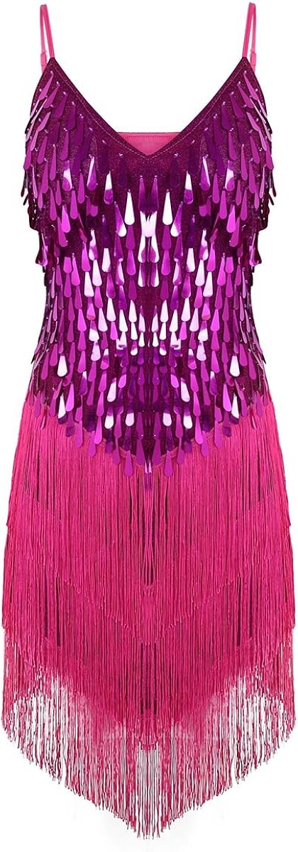 MSemis Women Sequin Sexy Fringe Latin Ballroom Samba Tango Dance Dress 1920s Flapper Cocktail Dress Rose One_Size : Clothing, Shoes & Jewelry