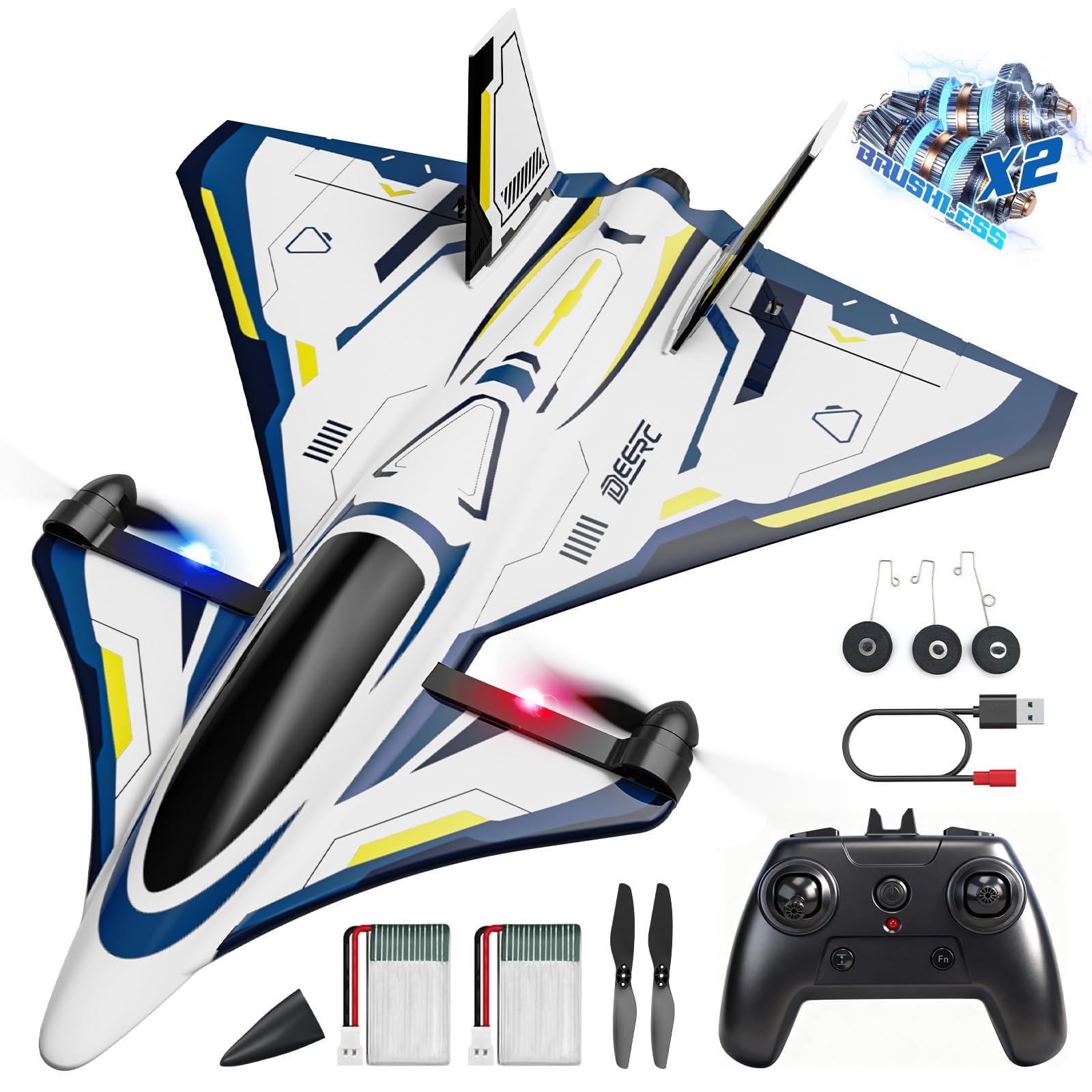 DEERC 4CH bürstenloses RC-Flugzeug, Sci-Fi ferngesteuertes Jet-Flugzeug mit LED-Lichtern, RTF Kunstflugzeug, 2,4 GHz 6-Achsen-Gyro-Stabilisator, EPP Segelflugzeug für Erwachsene und Fortgeschrittene