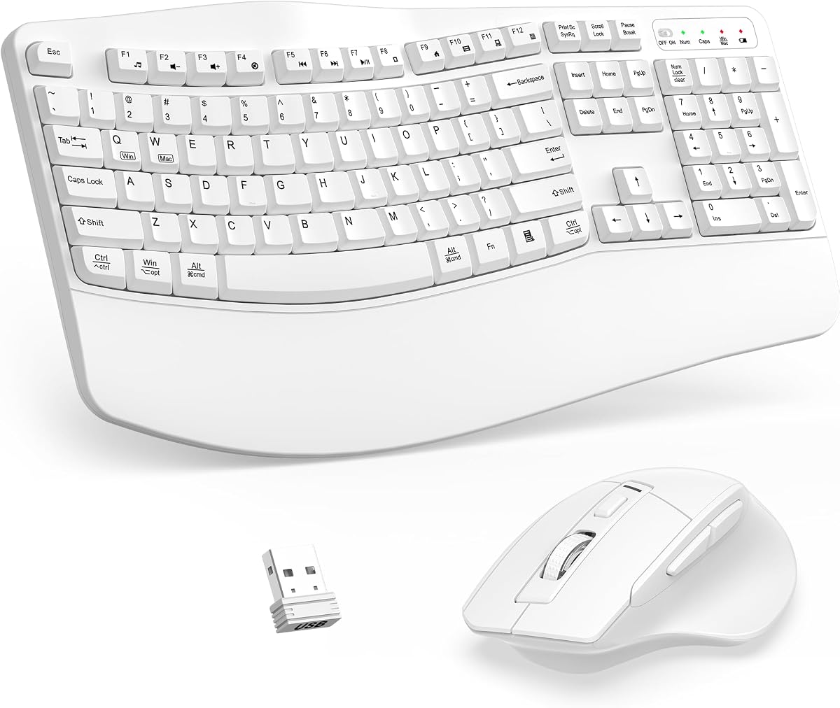 Combo de teclado y mouse inalámbricos, teclas onduladas ergonómicas de 2.4G (blanco) | Teclado ondulado de tamaño completo con reposamuñecas, ratón ergonómico ajustable de 3 niveles DPI para escritorio/portátil/PC Windows y Mac OS