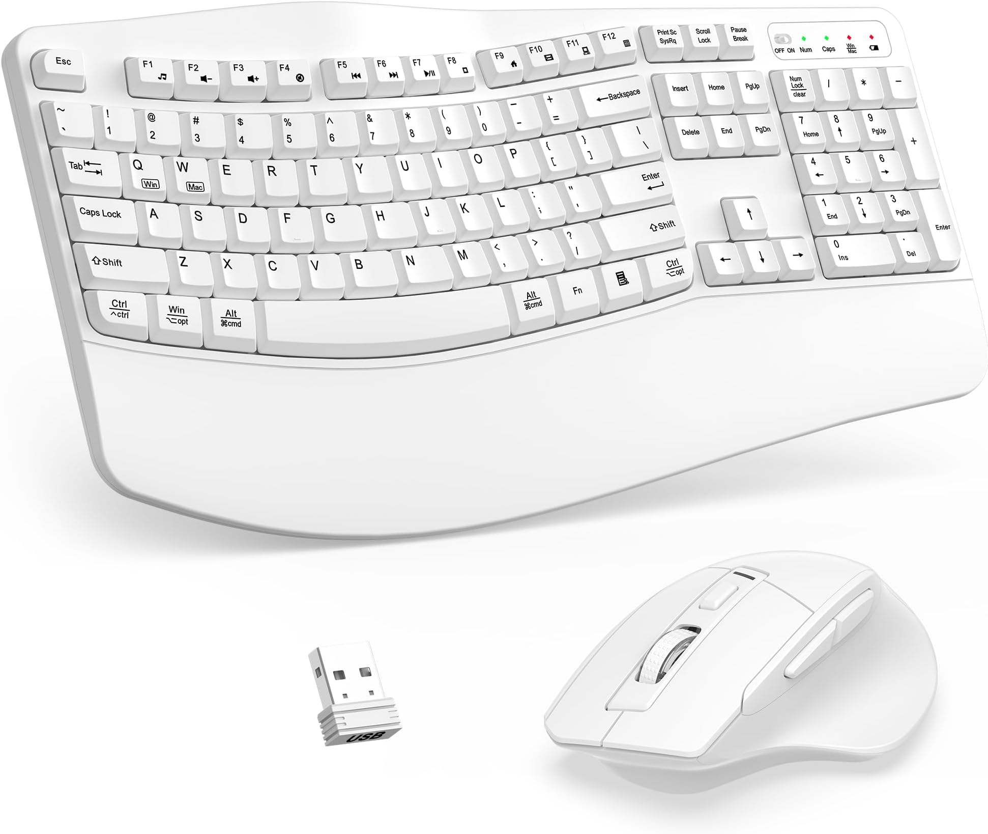 Wireless Keyboard and Mouse Combo, 2.4G Full Size Wave Keys Ergonomic Keyboard with Wrist Rest and 3-Level DPI Adjustable Wireless Ergonomic Mouse for Windows, Mac OS Desktop/Laptop/PC(White)