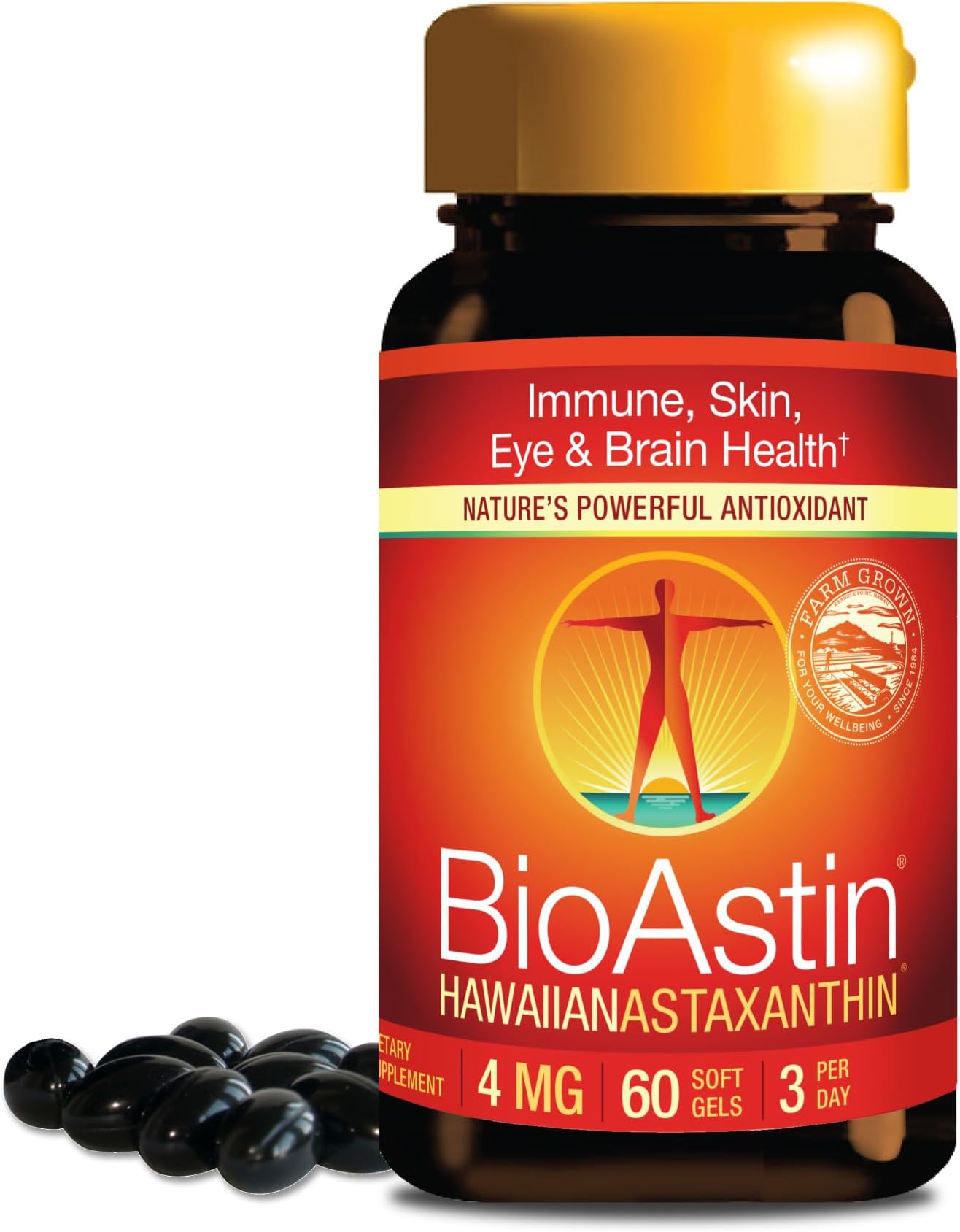 Hawaii BioAstin Hawaiian Astaxanthin - 4mg, 60 Softgels - Farm-Direct Premium Antioxidant Supplement to Support Eye, Skin, Joint & Immune System Health - Non-GMO & Gluten-Free
