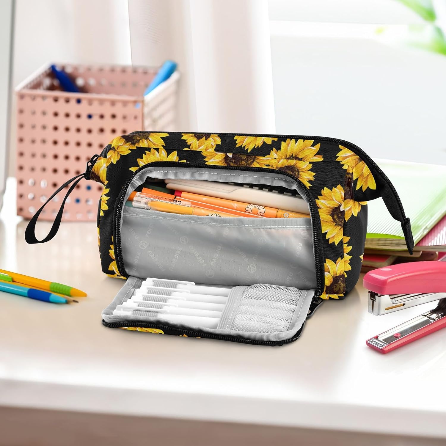 Fustylead Beautiful Blooming Yellow Sunflowers Big Capacity Pencil Pen Case, Office College School Large Storage Bag Pouch Holder Organizer