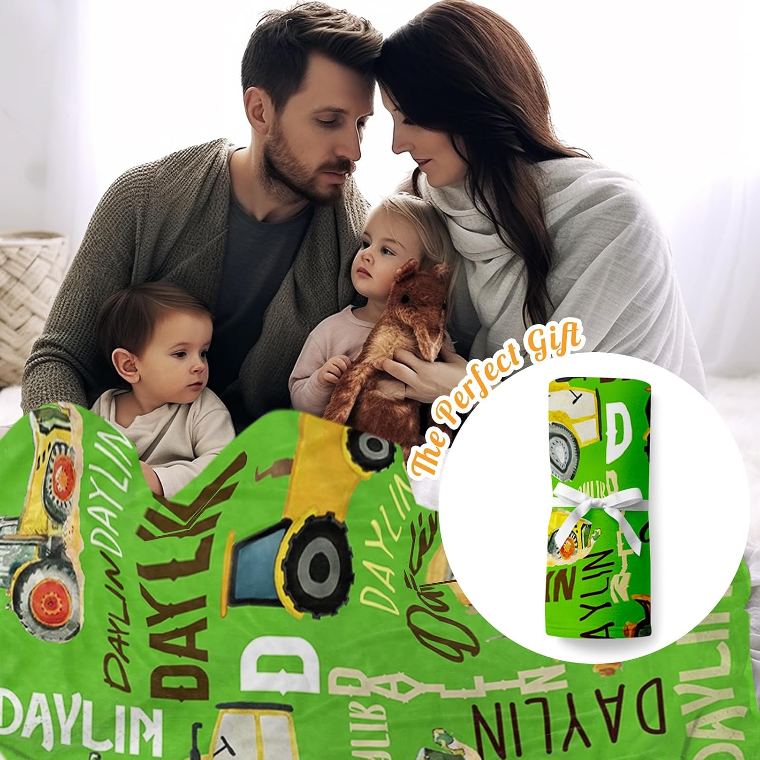 Personalized Tractors Blanket - Custom Name with Farm Tractor Trucks Design - Soft Plush Flannel Bed Blanket for Baby Kid Teen Boys Girls Customized Gifts Bright Green