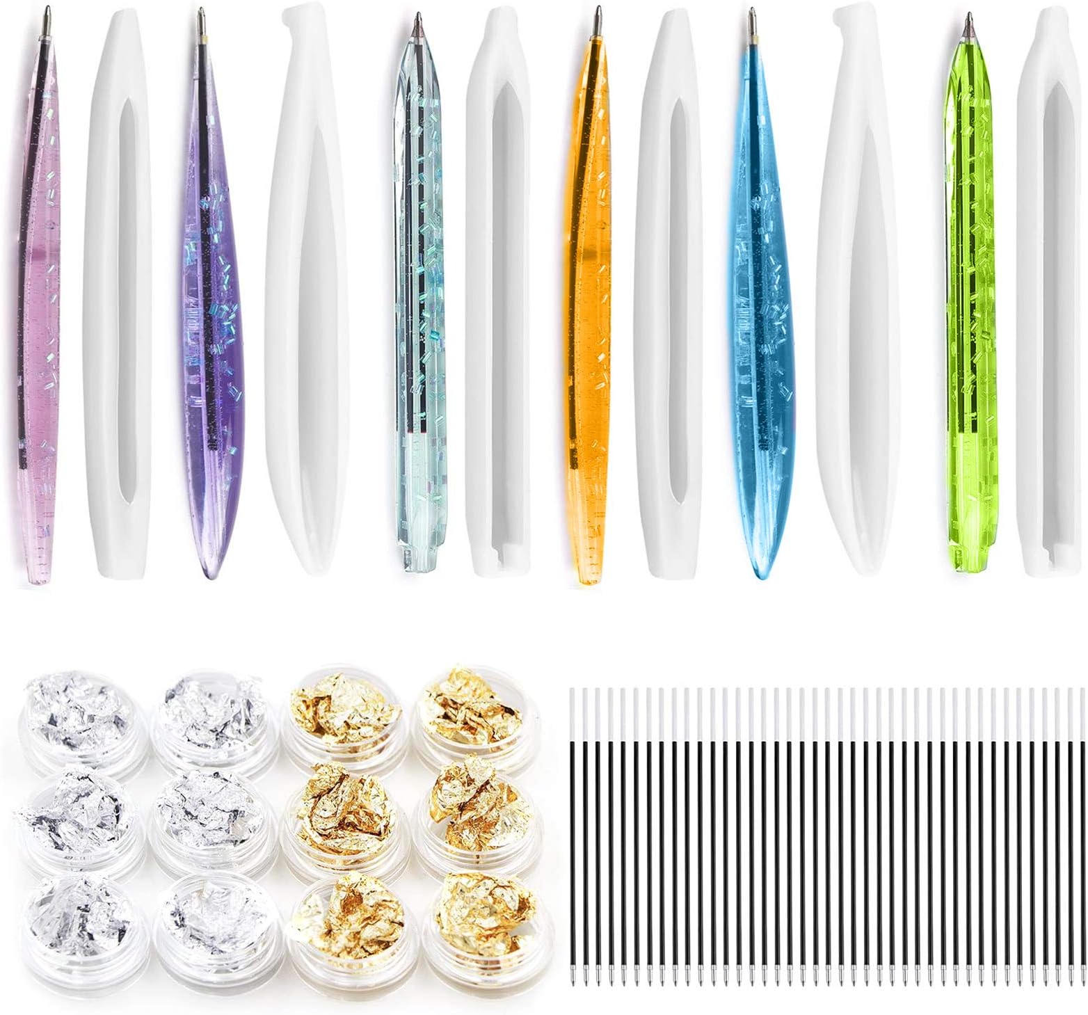 VEGCOO6 Pieces Pen Resin Slicone Mould + 30 Pieces Ballpint Refill Pens + 12 Pieces Gold Silver Foil for Handmade Gift DIY Tools Jewelry Making