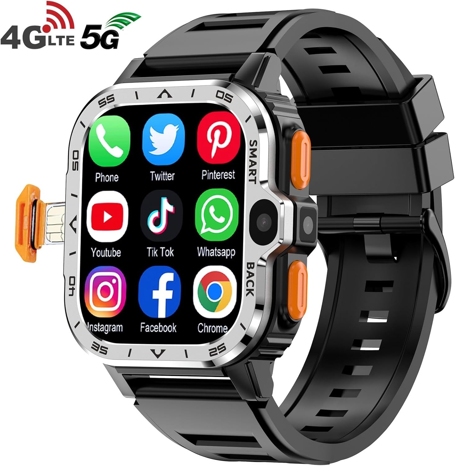 Valdus PGD Smart Watch displaying various application icons including Phone, Twitter, YouTube, WhatsApp, Instagram, Facebook, and Chrome