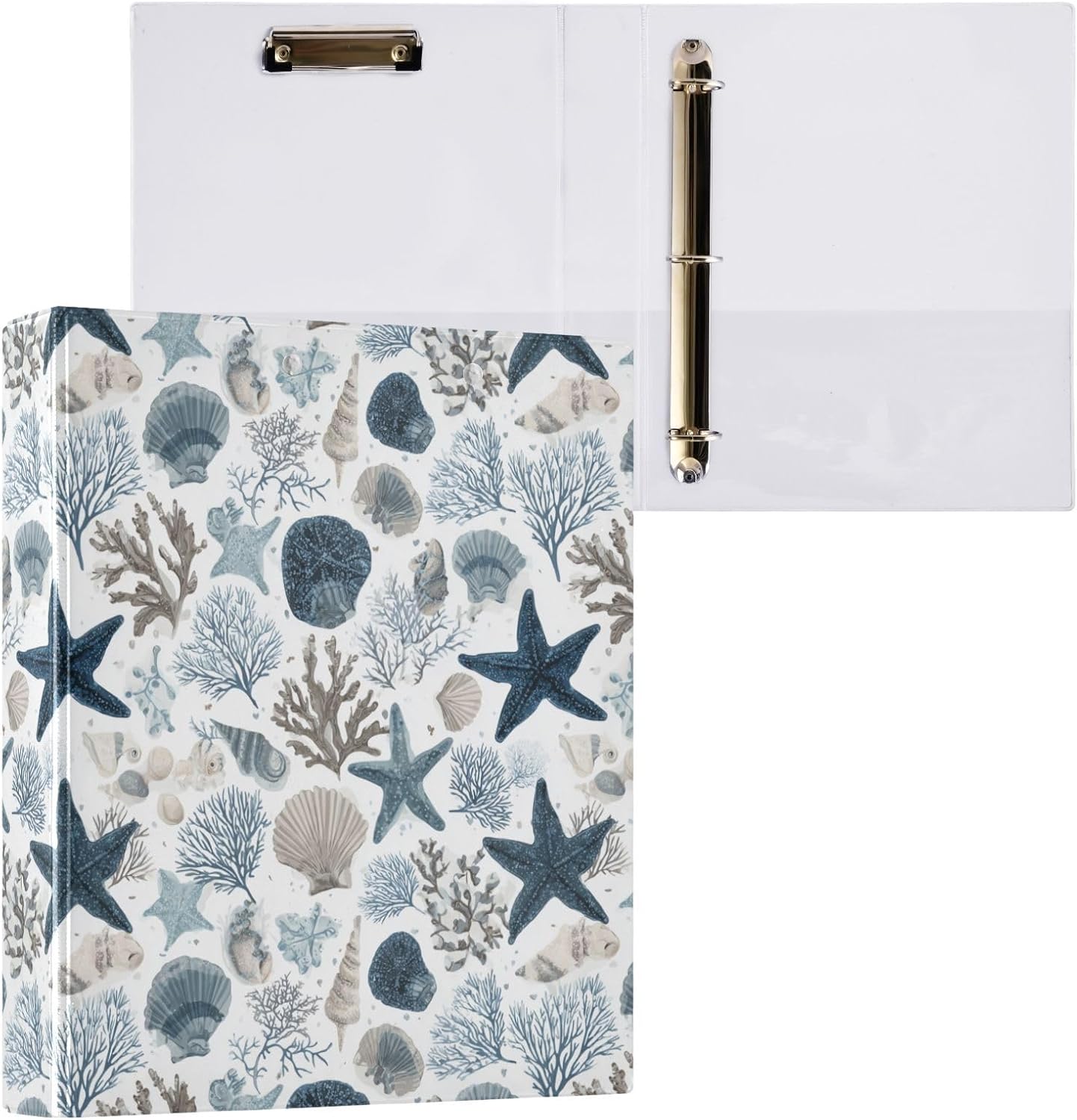 Ocean Themed Starfish Coral Shells 3 Ring Binder 1.5 Inch Binder with Clipboard PVC Pockets Fits 8.5 x 11 Inch Paper Holds 200 Sheets for School and Office Supplies