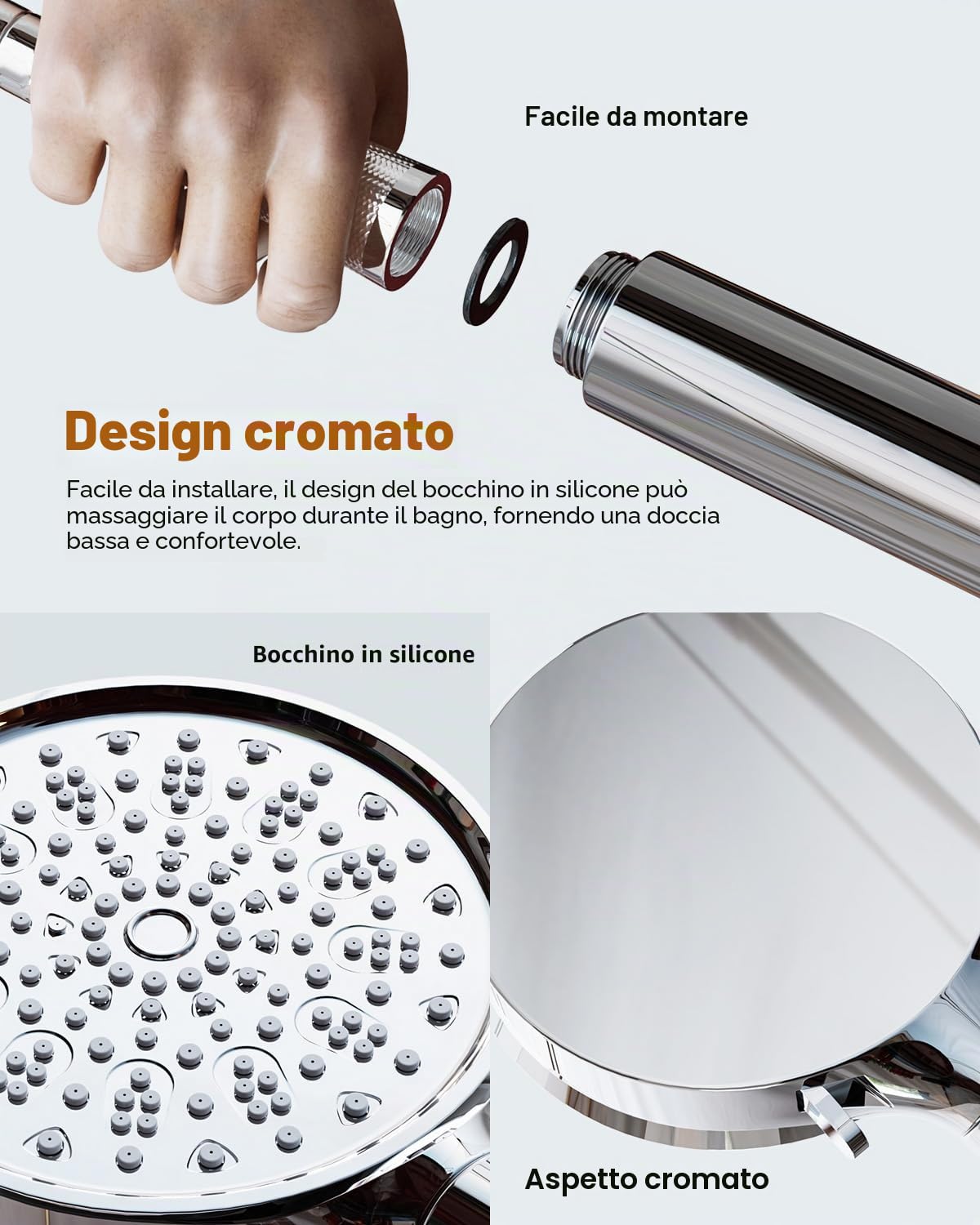 Cobbe Doccia con Filtro, Testa Doccia e Tubo Flessibile 1.5M con Supporto, Cefalo Doccia Anticalcare 6 Modi di Spruzzo Testa Doccia ad Alta Pressione (Cromo)