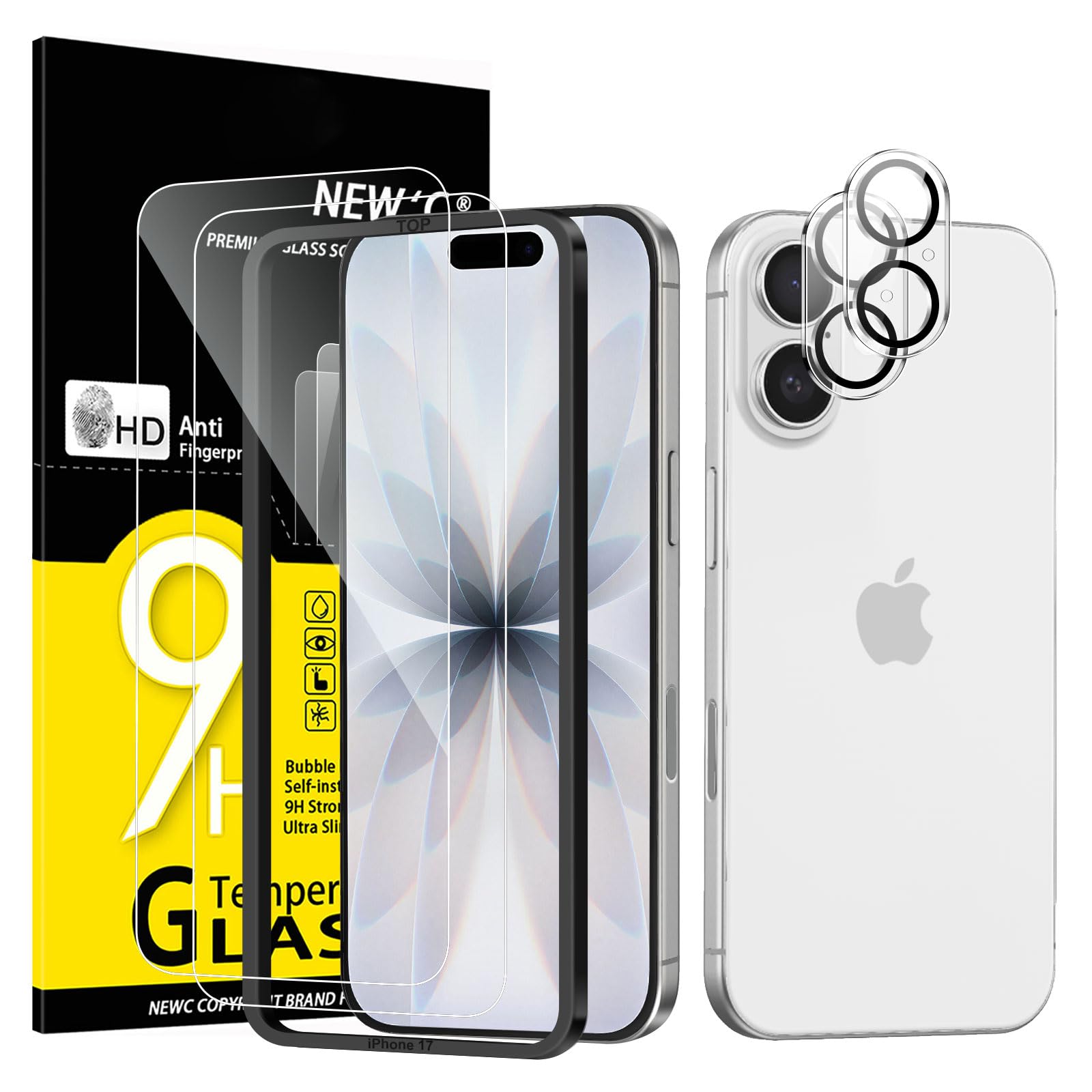 NEW'C Kit de 4, 2 x Verre Trempé pour iPhone 17 (6,3 Pouces) et 2 x Protection C
