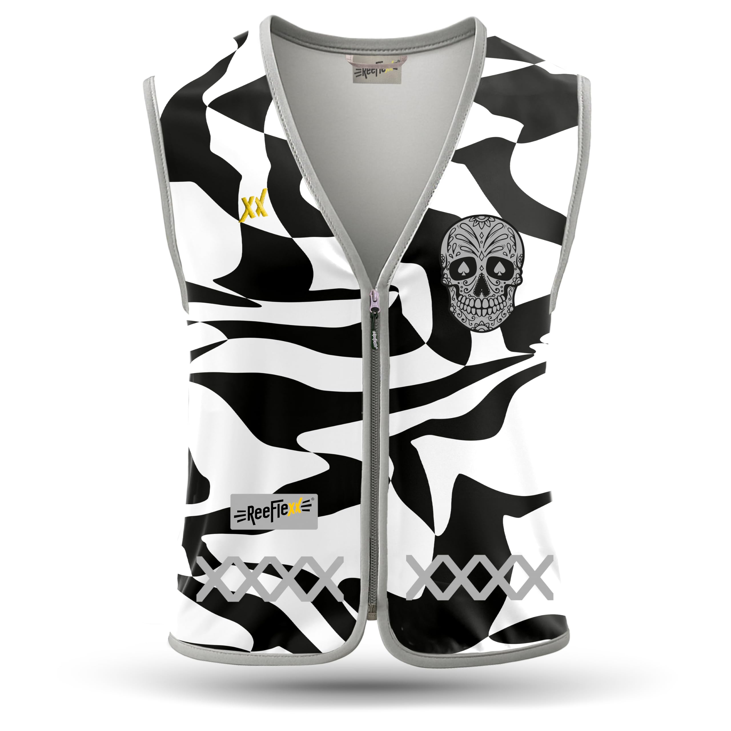 REEFLEXX Warnweste Damen Sicherheitsweste, erhöhte Sichtbarkeit im Straßenverkehr, Joggen, Fahrrad oder Auto, Black White Skull, Größe XL