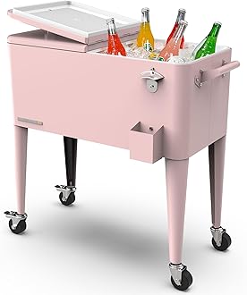 Permasteel 80-Qt Large Outdoor Patio Cooler with Wheels & Handles, Portable Rolling Hard Cooler for Outside, Retro Ice Cooler Cart, Beverage Can Coolers for Backyard Parties