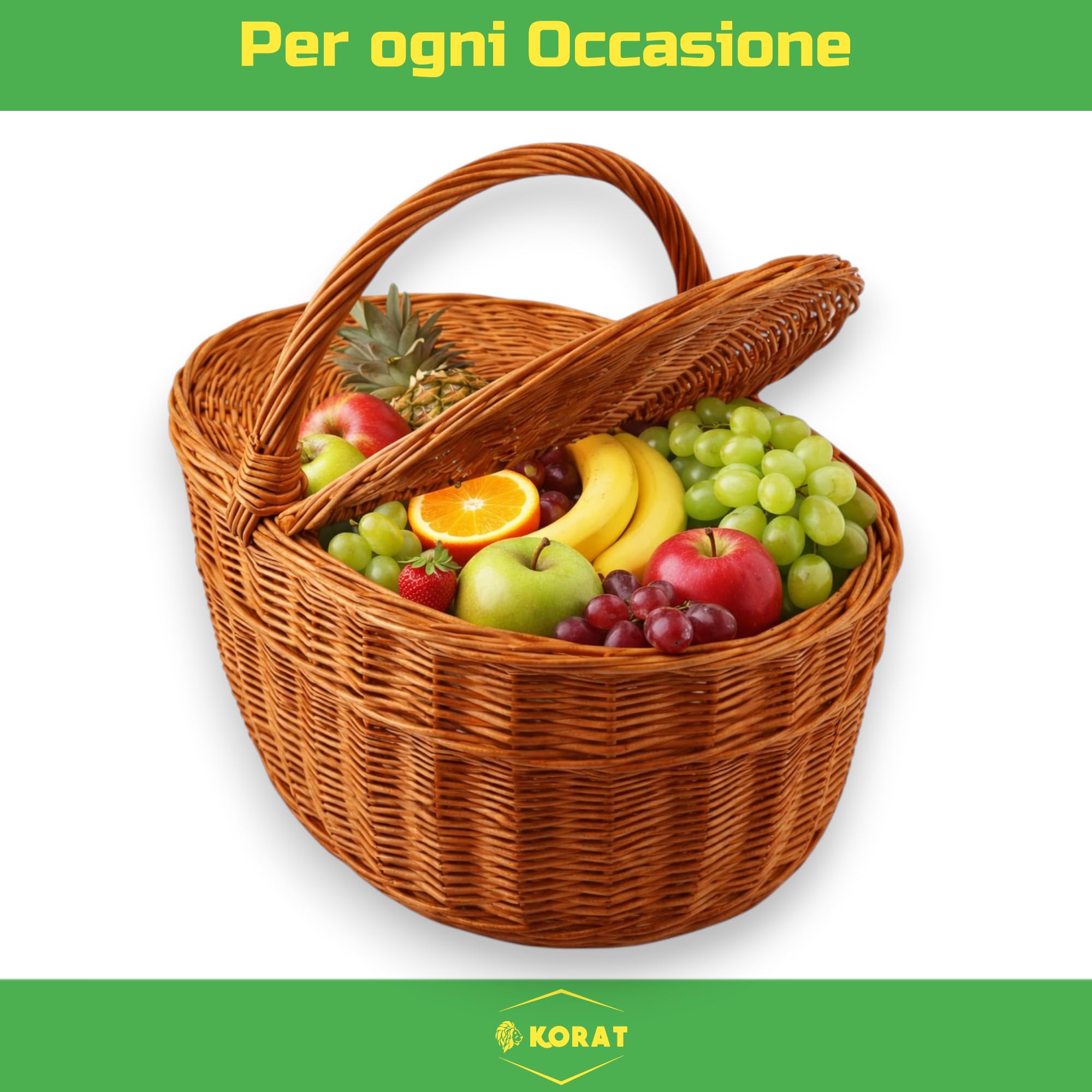 KORAT - Cestino Picnic in Vimini con Coperchio Doppio Apribile, Cesto Porta Funghi e Picnic, Manico Robusto, Vimini Naturale, 40x32x37 cm