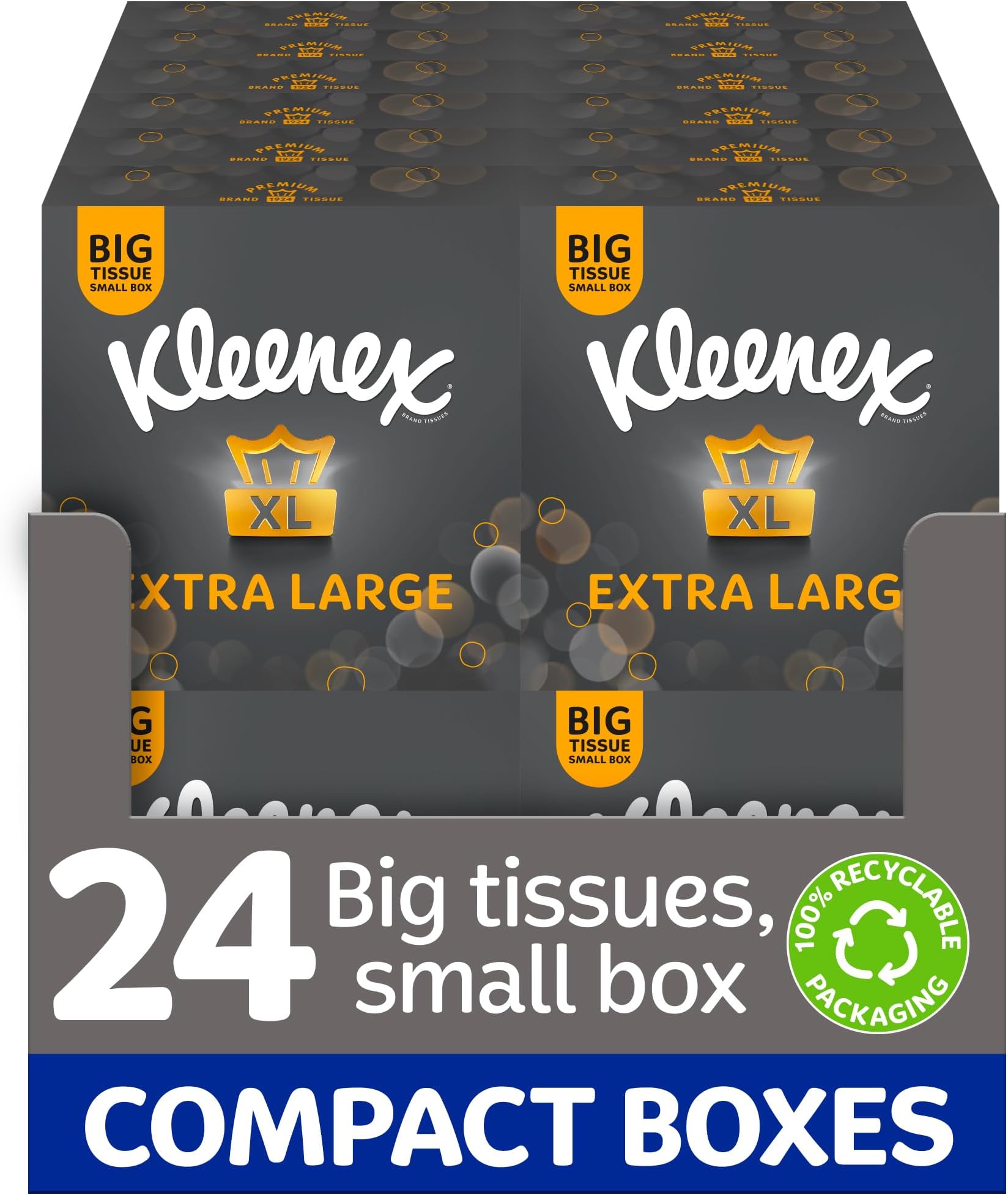 Extra Large Soft Facial Tissues, 24 Compact Tissue Boxes, 1056 Tissues (24 Boxes) - 100% Recyclable Packaging