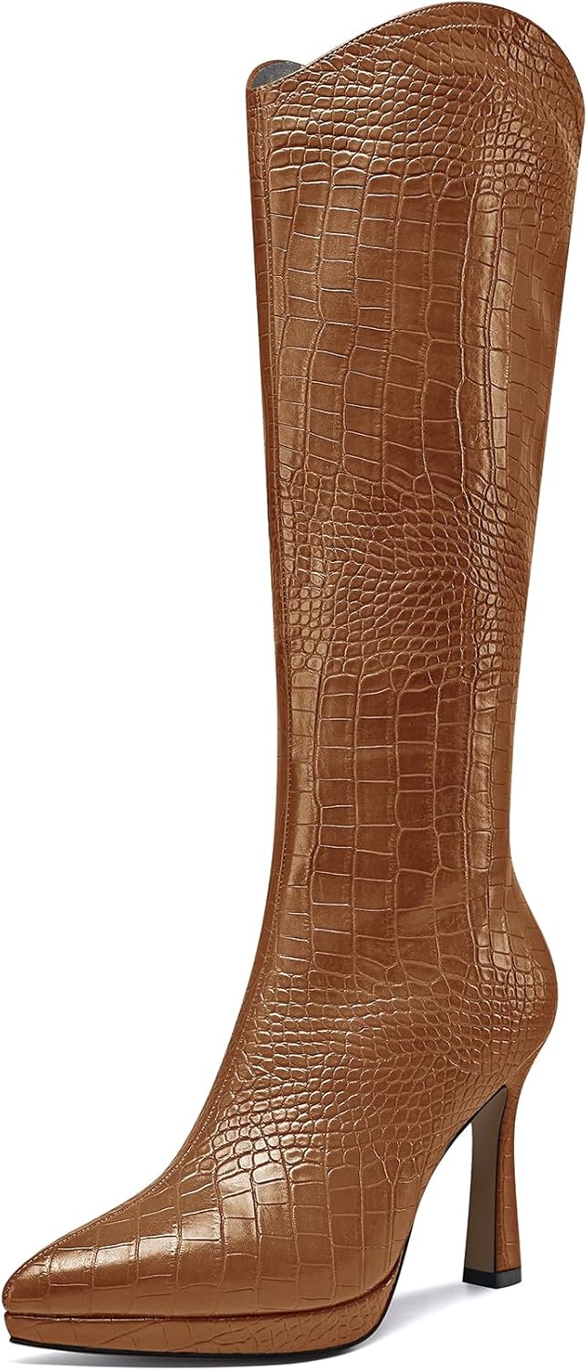 Saekcted Womens Stiletto High Heel Pointed Toe Mid Calf Boots Platform Slip-on Zipper Dress Shoes Prom Party Winter 3.9 Inches Heels