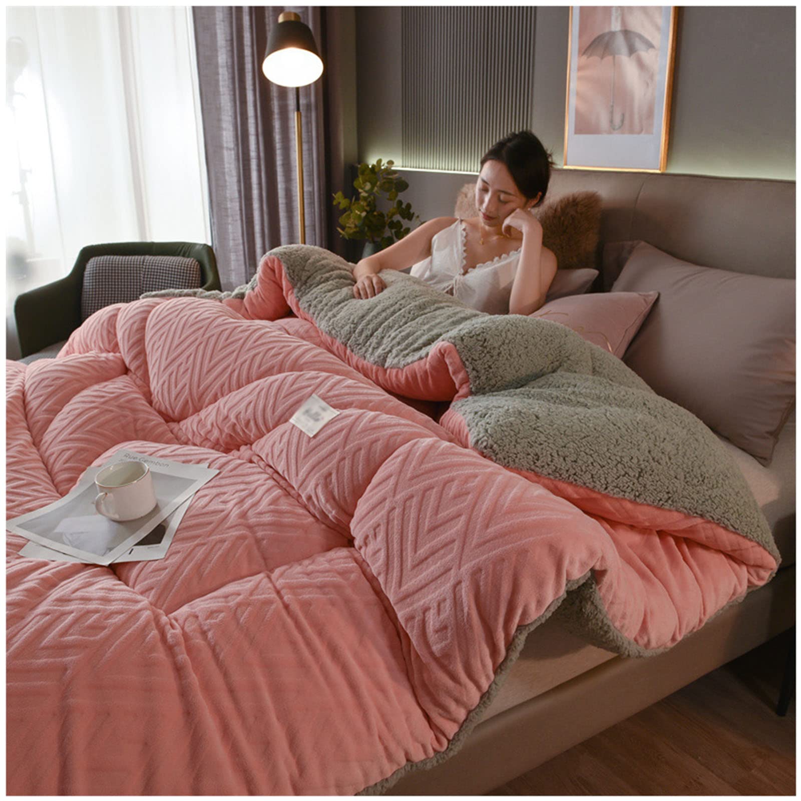 Edredón de invierno de borreguito y terciopelo rosa ZTGL manta pesada reversible 220x240cm