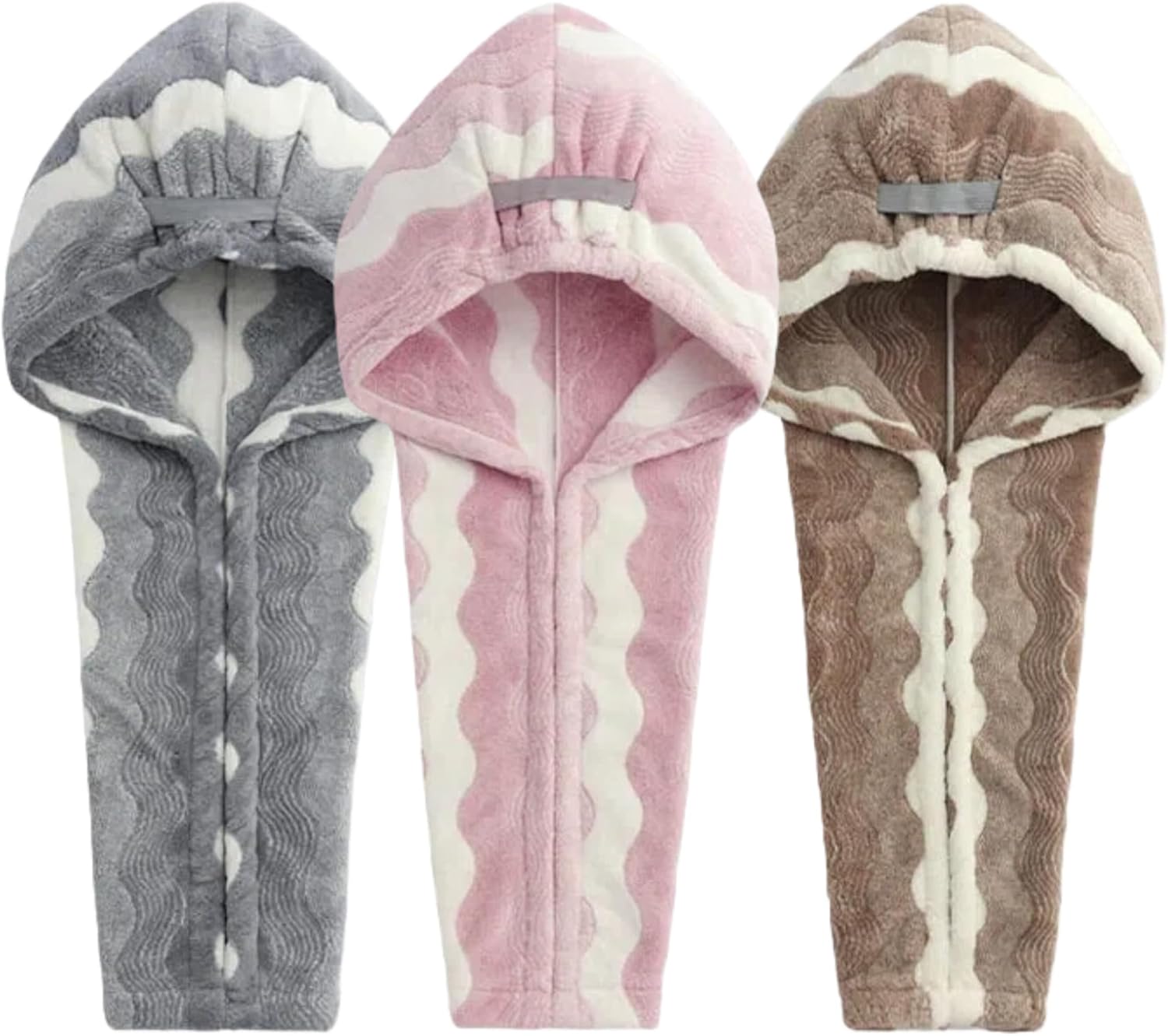 3Pcs Long Hair Drying Towel Cap for Women Extra Thick Large Quick-Drying Hooded Wrap with Elastic Band No Lint & Fade-Proof (S-Shaped Wave)