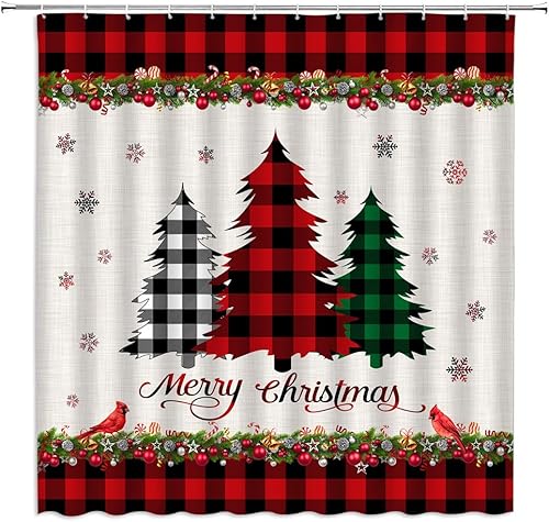Cortina de ducha de árbol de Navidad, diseño de búfalo rojo, a cuadros, copos de nieve, invierno, vacaciones, juego de cortina de baño con ganchos