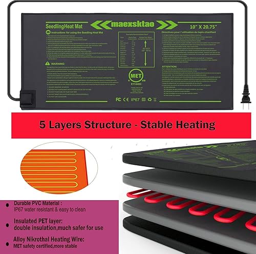 Miniatura 4 de Tapete térmico de plántulas de 10 x 20.75 pulgadas, IP67 impermeable, tapete de propagación de plantas de semillas, paquete de 2 alfombrillas de