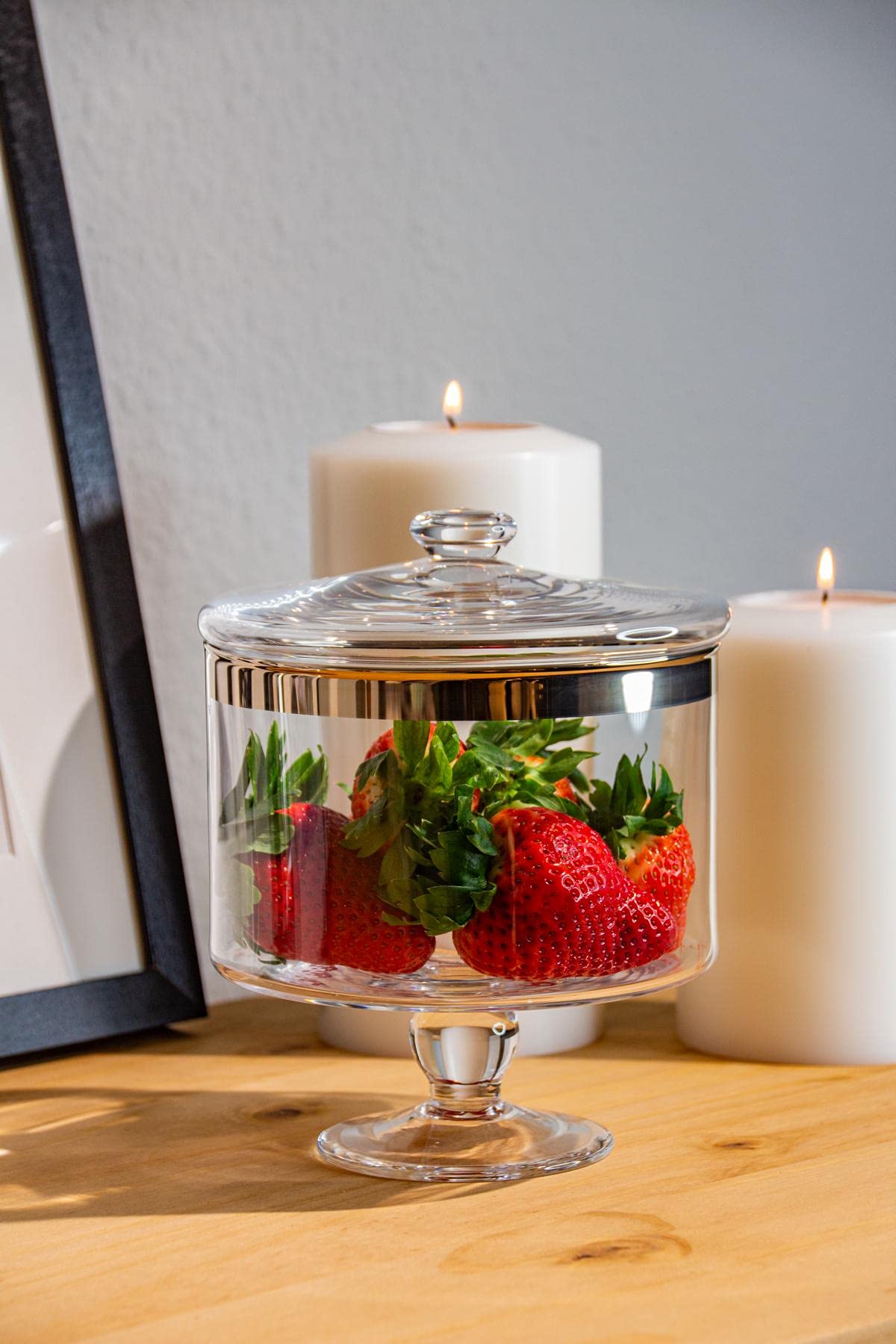 EDZARD Bonbonnière Erik en cristal soufflé à la bouche avec bord en platine élégant, hauteur 19 cm, diamètre 15 cm, avec couvercle amovible
