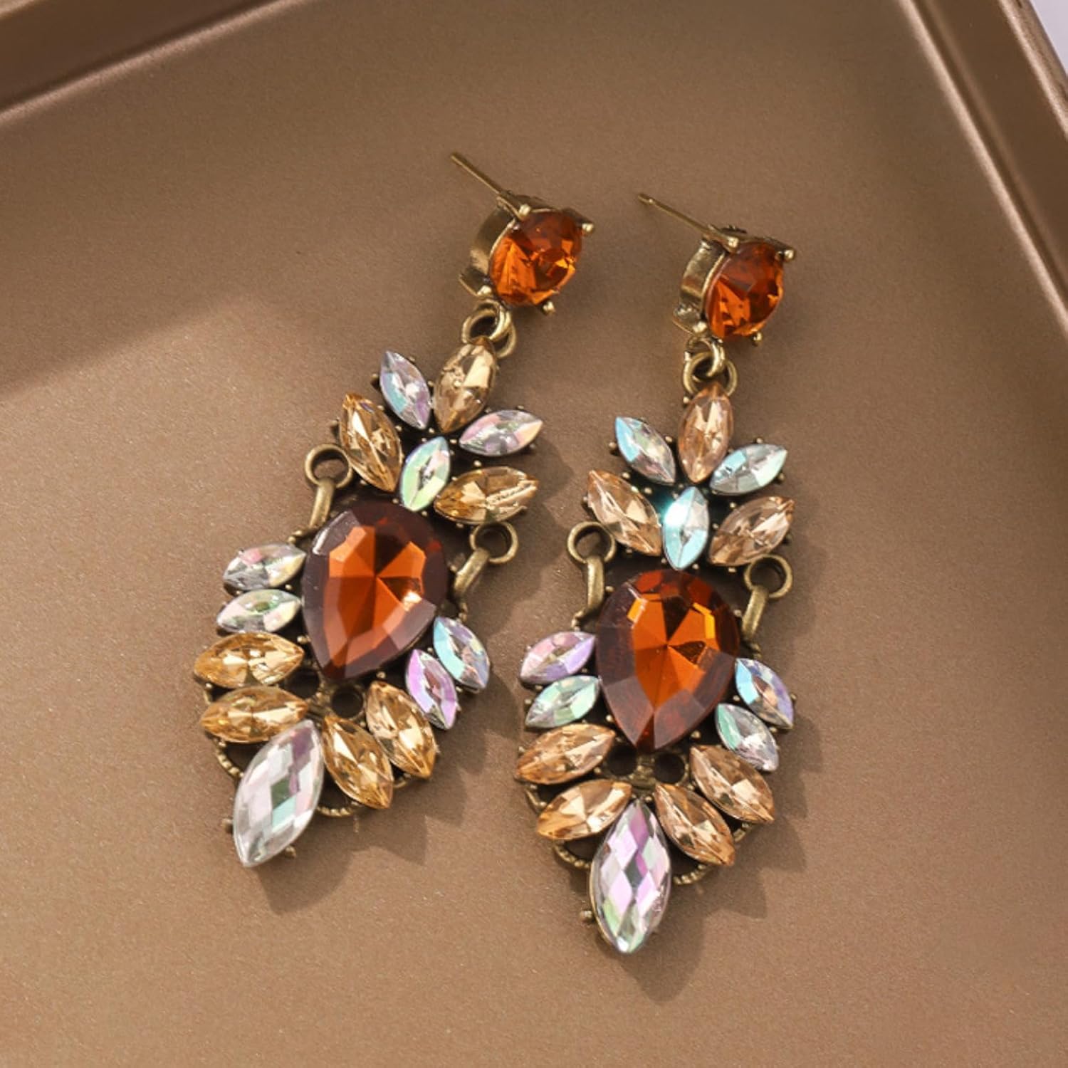 Vintage Rhinestone Earrings for Women Fancy Crystal Cluster Drop Earrings Colorful Champagne Chandelier Statement Earring Dangle Wedding Bridal Flower Rhinestone Earring - Image 3