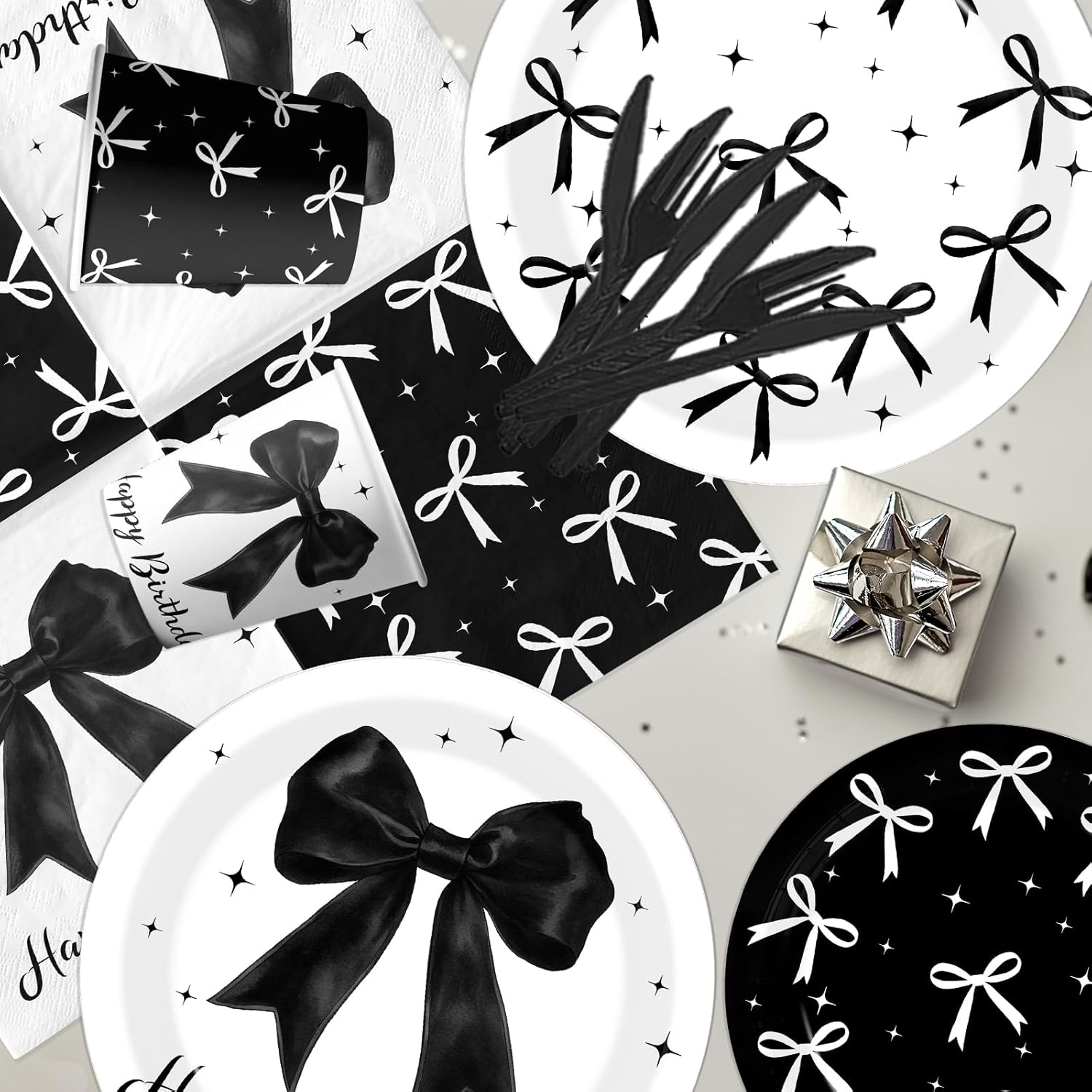 187Pcs Black Bow Birthday Party Decoration Serve 24,Black Coquette Birthday Tableware Supplies Disposable Plates Napkins Tablecloth Hanging Swirls Banner Balloons for Girls Bow Theme Party Decor
