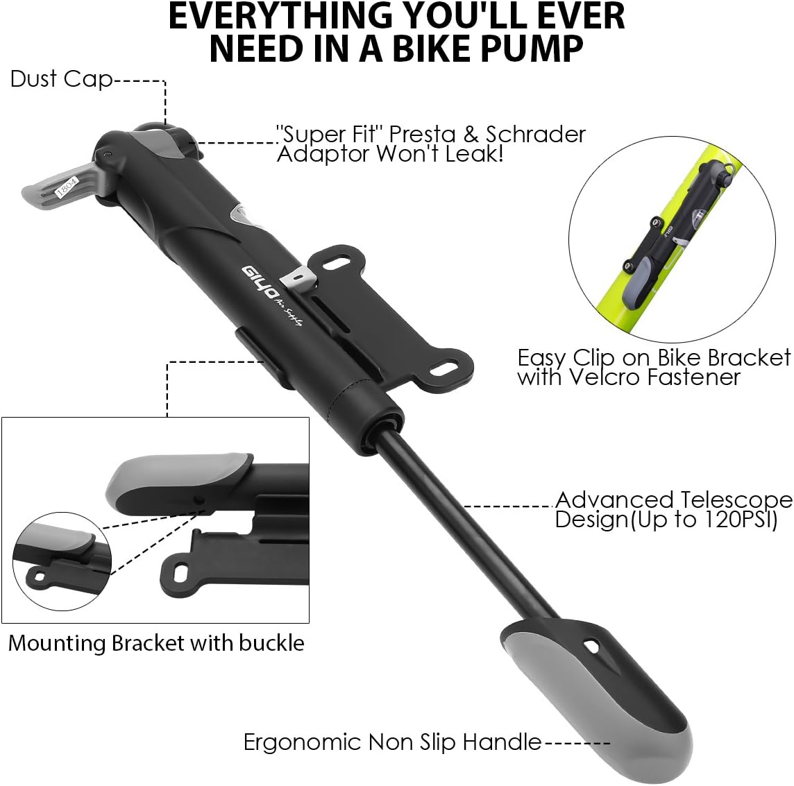 NewMainone Mini Bike Pump Portable Bicycle Frame Pump,Bicycle Tire Pump Glueless Puncture Repair Kit,120 PSI Fast Air Pump Suitable for Presta & Schrader Valve
