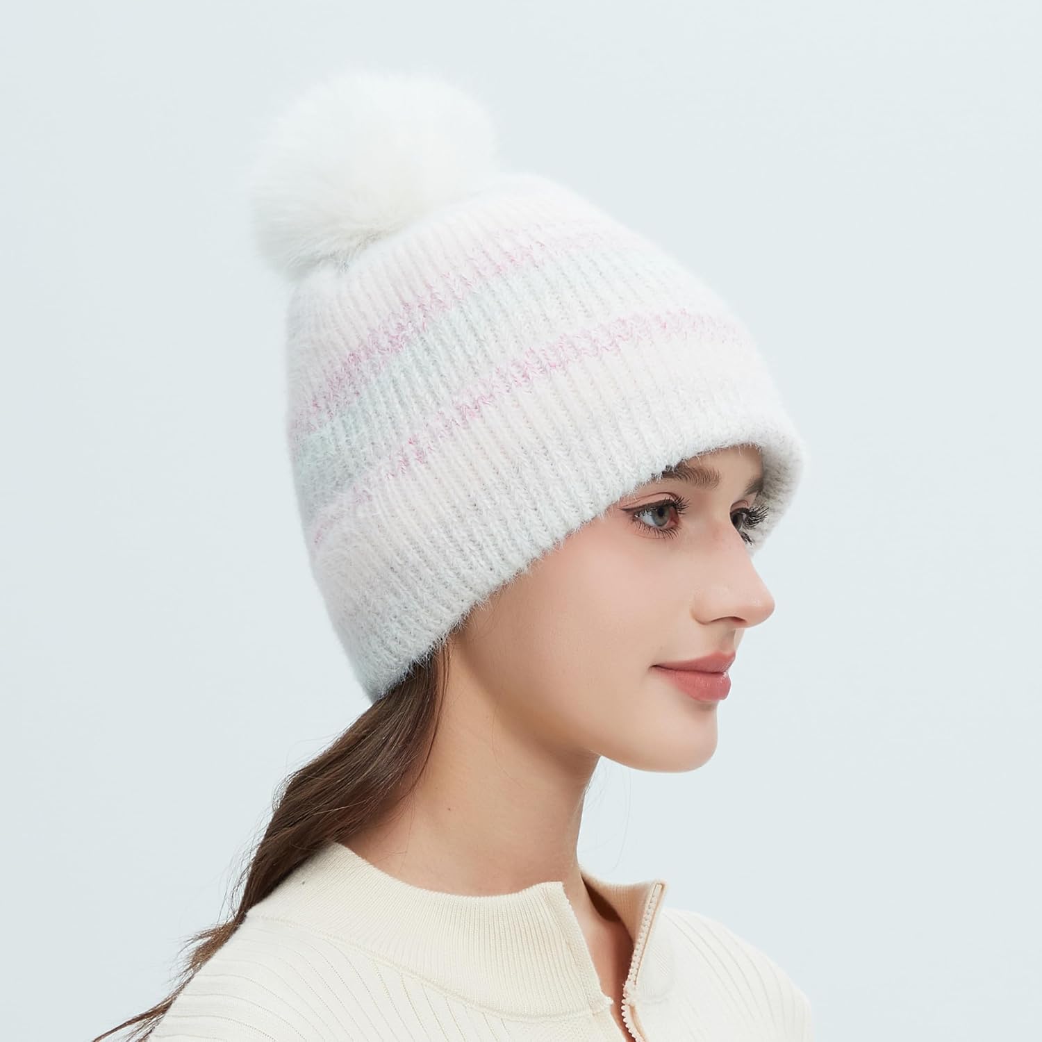 Women‘s Slouchy Knitted Beanie with Pom - Fleece Lined, Ribbed Cap with Stripes