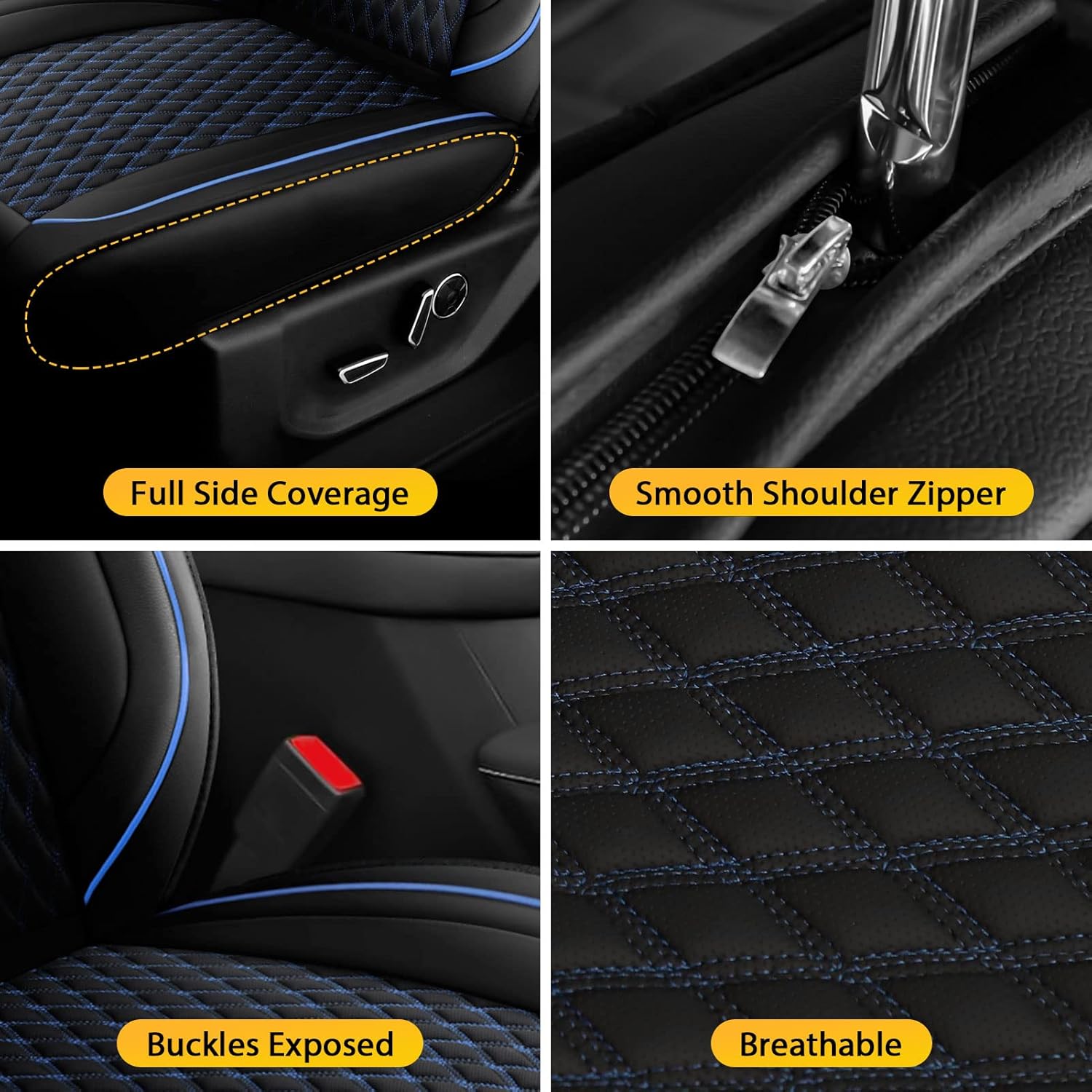 Octomo Seat Covers Full Set Compatible with Chevy Silverado GMC Sierra Custom Fit 2007 to 2025 1500 2500HD 3500HD Crew Double Extended Cab Pickup Truck Leather Seat Cover (5 Pcs Full Set, Black Blue)