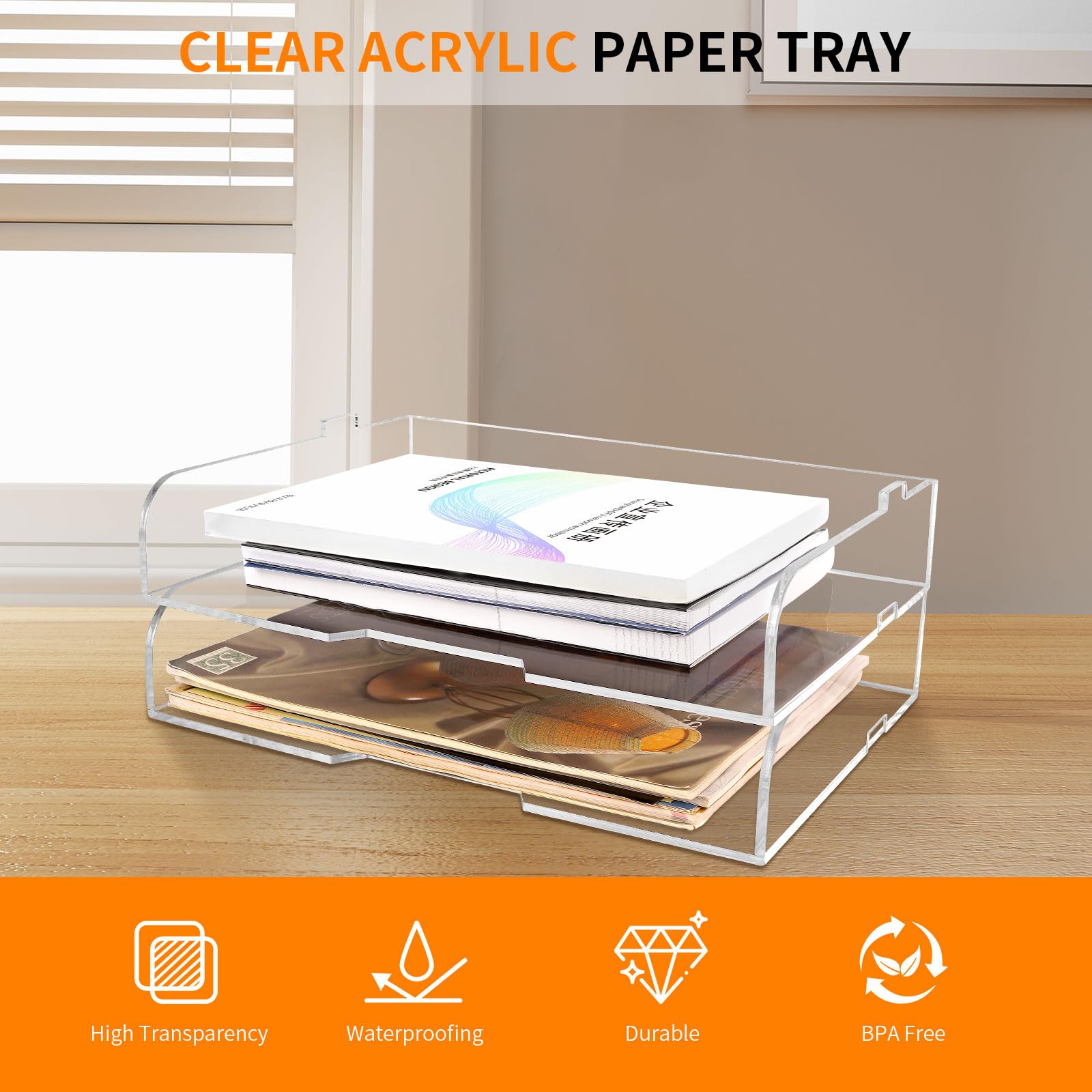 Paquete de 2 bandejas de papel apilables para cartas, revistero acrílico transparente y organizador de archivos, elegante organizador de escritorio para oficina en casa, estantería o espacio de