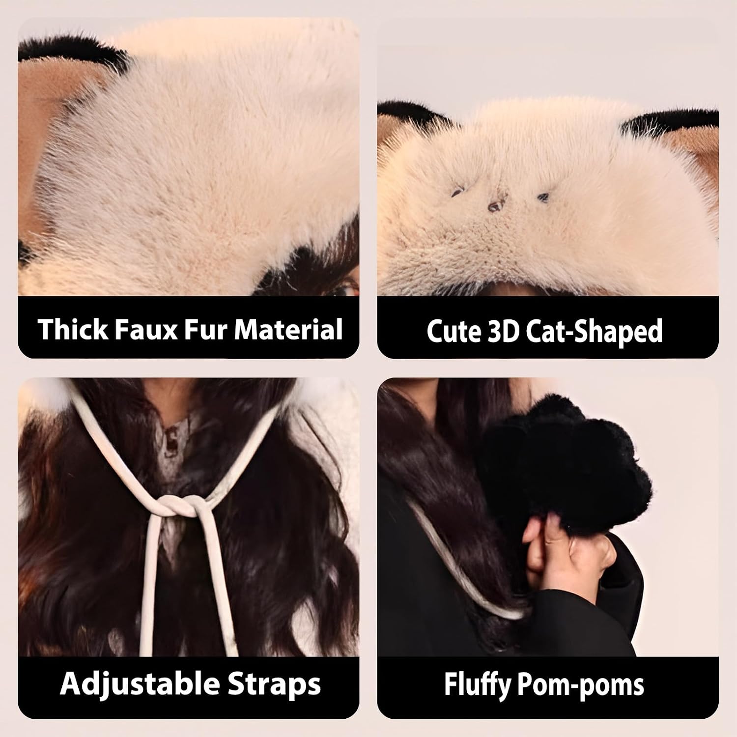 Winter Warm Faux Fur Trapper Hat for Women Cute Furry Cat Ear Hats Thick Plush Cozy Animal Hat with Pom Pom & Ear Cover