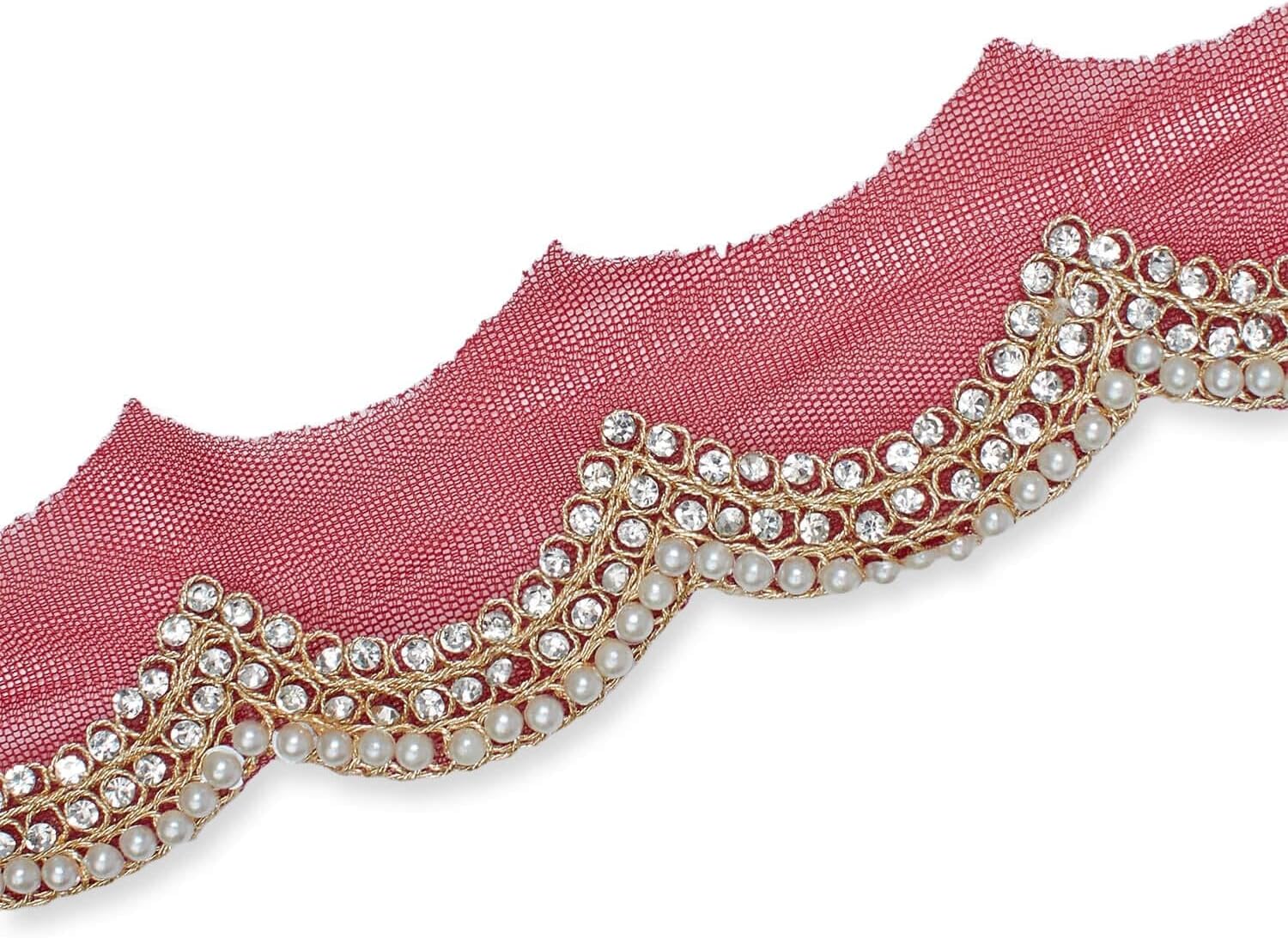 2 Inch Scalloped Regal Rhinestones Beads & Metallic Cording On Polyester Mesh Trim for Sewing, Crafts, Decor, Or Upholstery - Red 1 Pack (9.8 Yards / 9 Meters)
