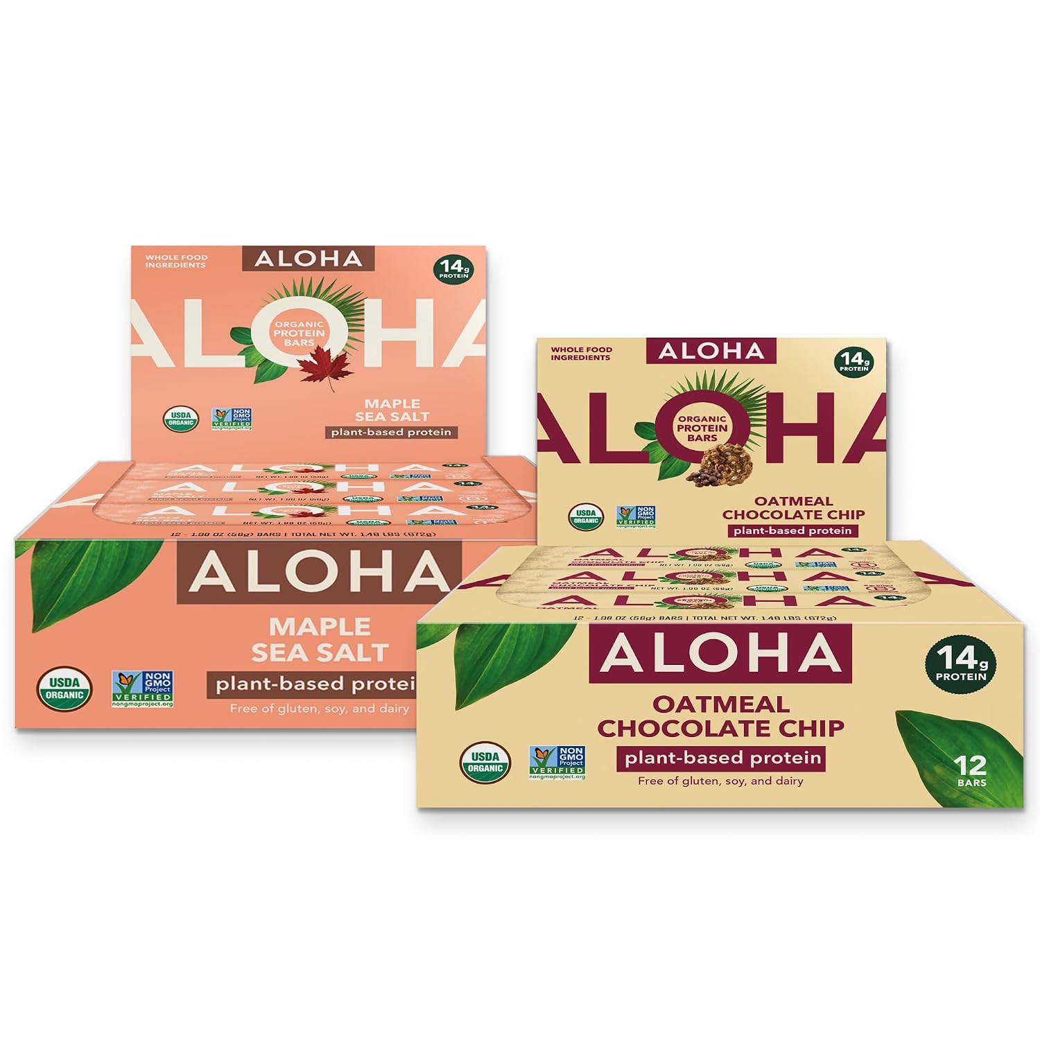 ALOHA Organic Plant-Based Protein Bars Bundle — Maple Sea Salt + Oatmeal Chocolate Chip | 24 Bars (1.98oz, 12+12) | 14g Protein, 10g Fiber per Bar | Clean Snacking · Between Meals · High Protein, High
