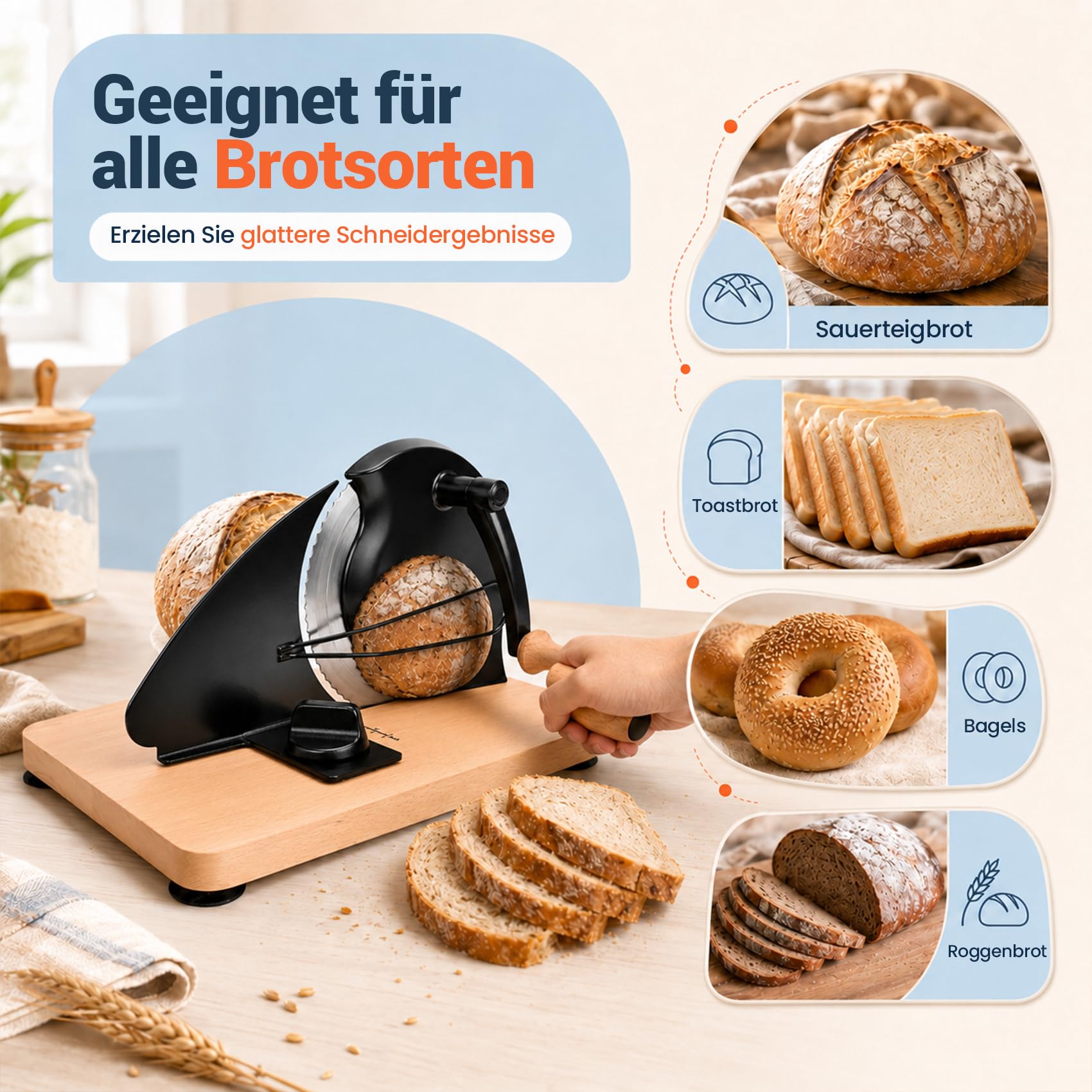 Brotschneidemaschine Manuelle mit Handkurbel | 0–20 mm einstellbare Scheibendicke | Edelstahlklinge mit Wellenschliff | rutschfeste Saugnäpfe | Für Sauerteig, Roggen, Toast & Baguette
