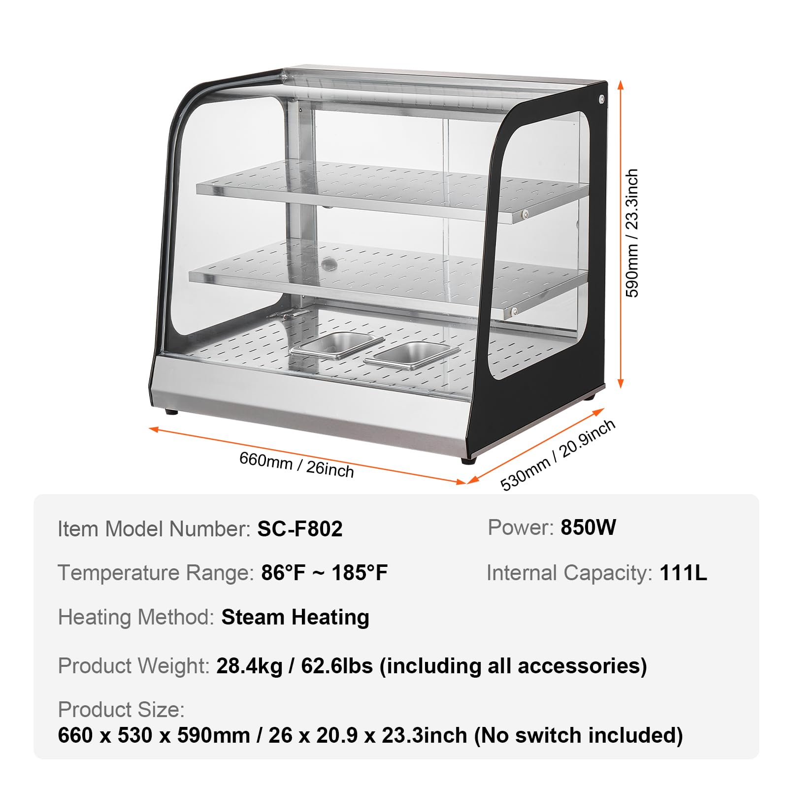 VEVOR Vitrine Chauffante Commerciale à 2 Niveaux, Présentoir à Chaud 850 W, avec Verre Trempé et Chauffage à la Vapeur, Contrôle de Température 30-85 ℃, Grande Capacité 111 L, pour Hamburger, Pizza