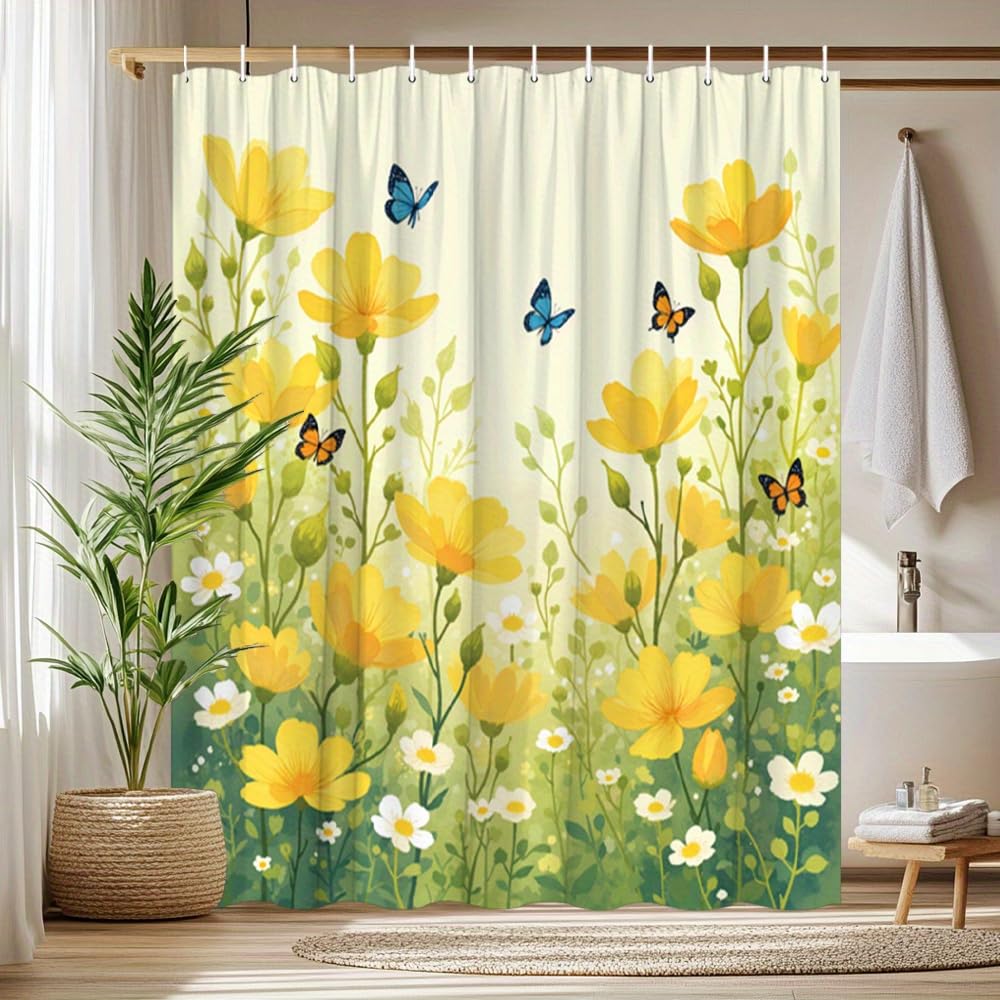 Duschvorhang mit gelben Blumen, weißen Blüten und Schmetterlingen, wasserdichter Duschvorhang für Badezimmer mit Haken (260 x 160 cm/B x H)