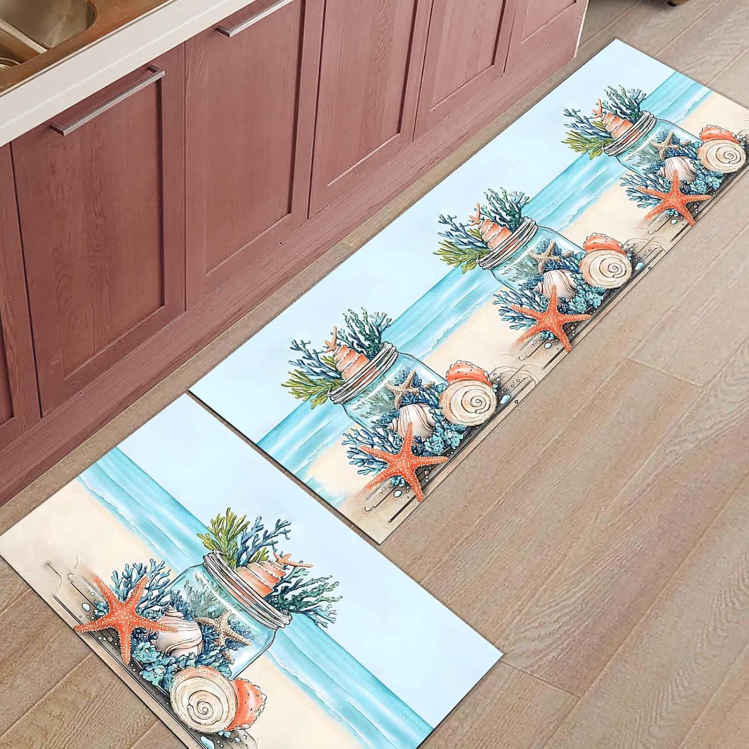 2 Pieces Kitchen Rugs and Mats,Summer Beach Starfish Coral Conch Area Runner Rug Set Non Slip Floor Doormat Washable Carpet Standing Mat for Kitchen Sink Indoor Corridor,Marine Life in Glass Bottle