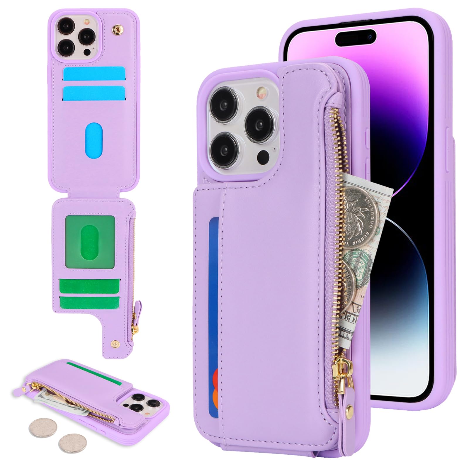 Cavor for iPhone 14 Pro Max Case with Card Holder,iPhone 14 Pro Max Wallet Case for Women Men,Phone Case iPhone 14 Pro Max Case with Wallet,Leather Magnetic Clasp Zipper Pocket Card Slots Cover-Purple