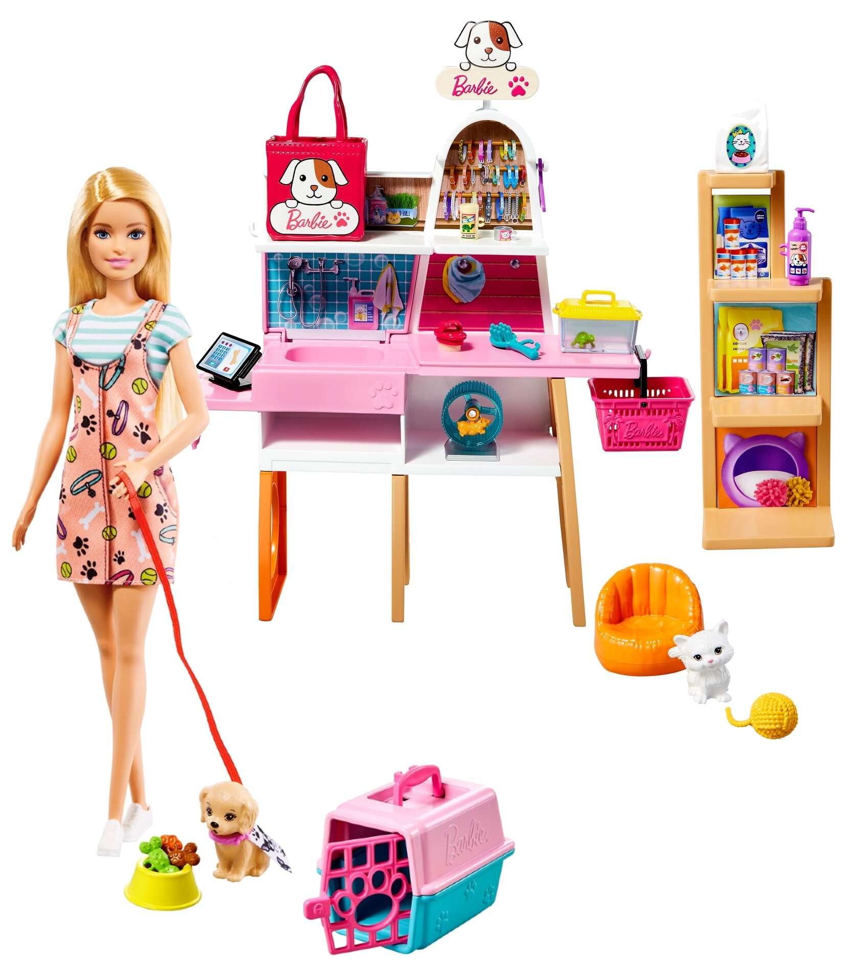 Barbie zestaw do pielęgnacji zwierząt, figurki lalek + akcesoria, 25 sztuk