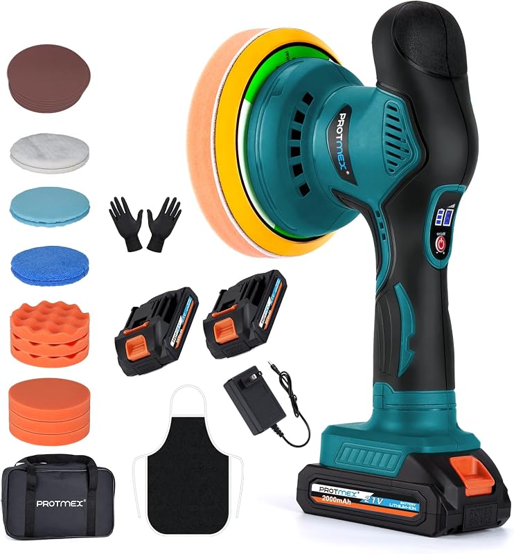 Cordless Car Buffer Polisher w/ 2x2000mAh 21V Batteries, Blue