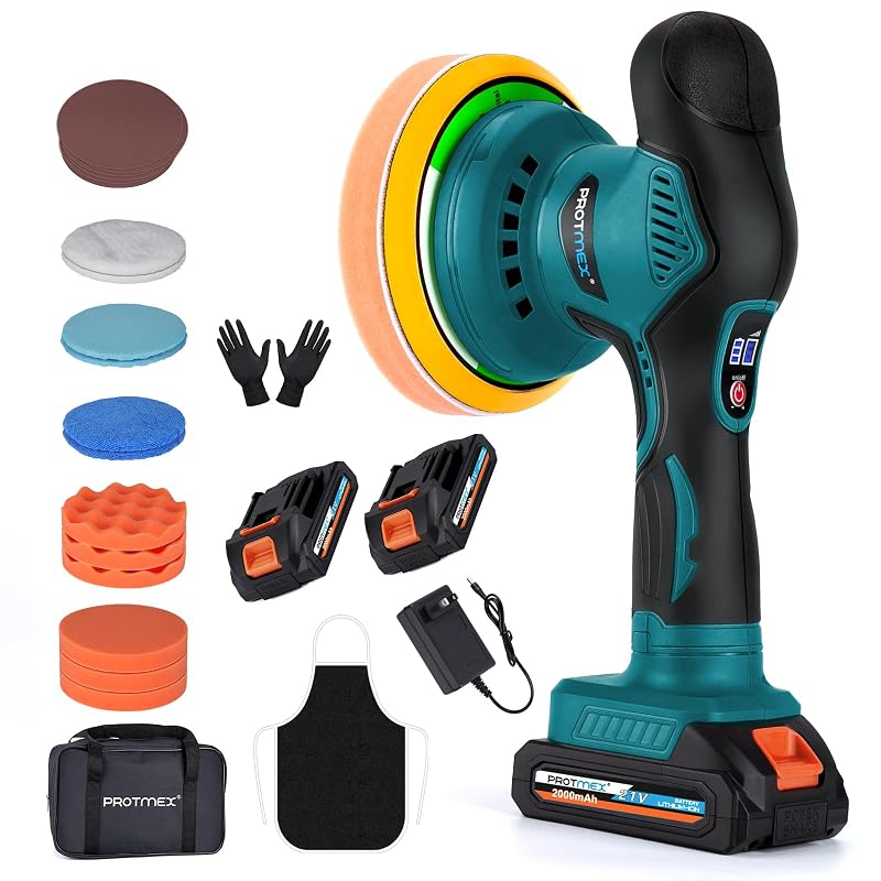 Politriz Automotiva Excêntrica sem Fio Protmex 21 V com 2 Baterias de 2.000 mAh, Azul
