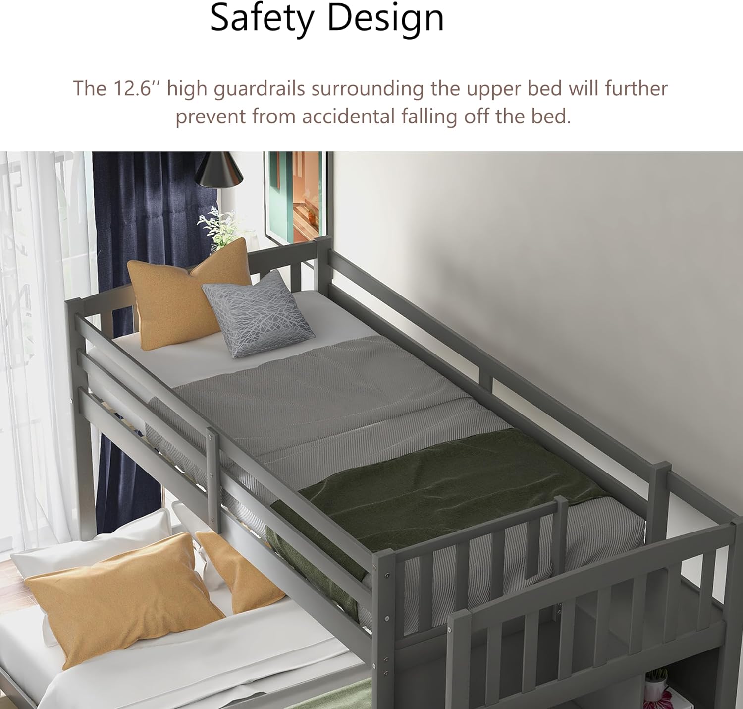 Close-up of the bunk bed's safe guardrail