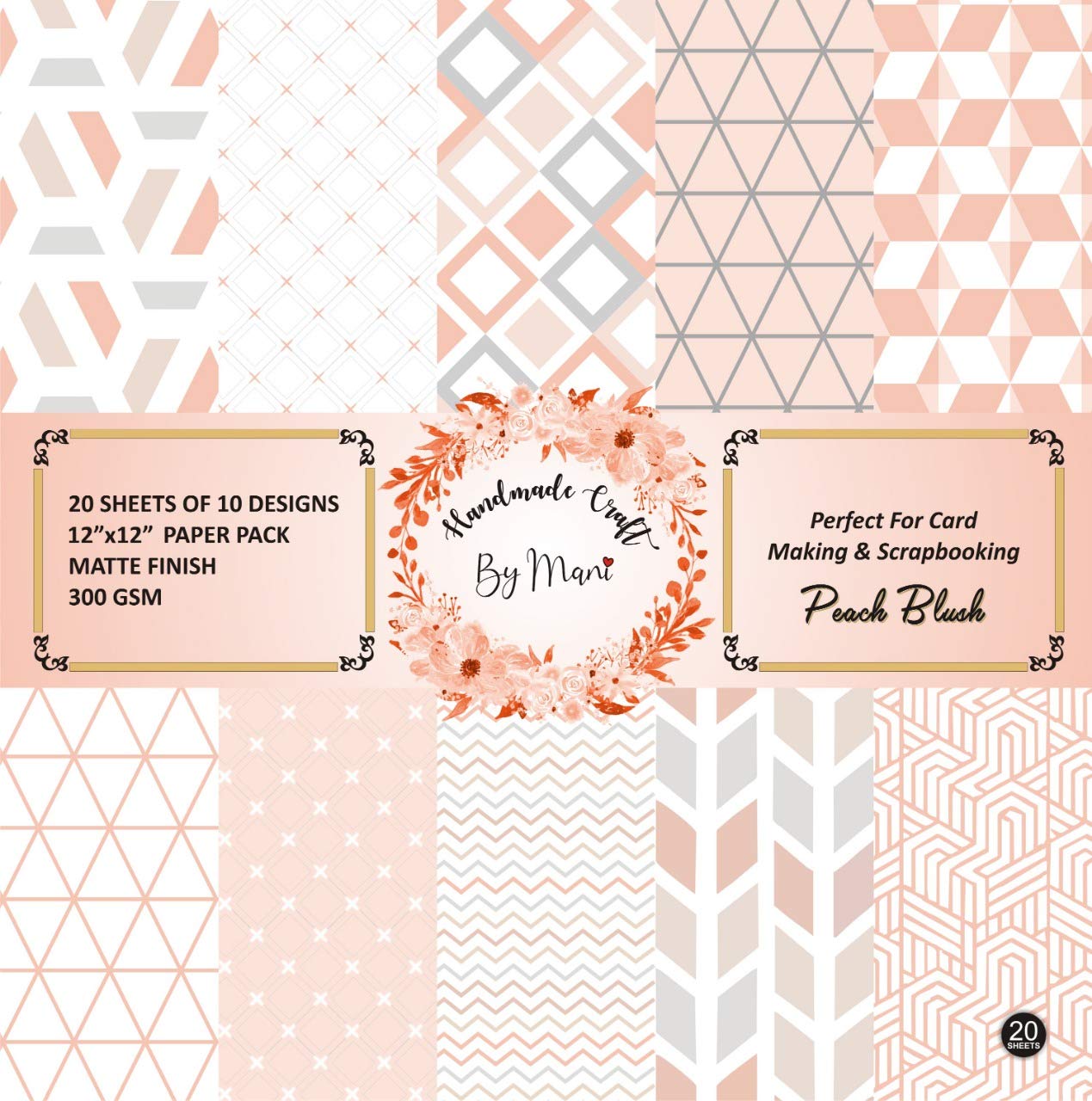 Dheett Scrapbooking Paperpack 12 Inches 20 Decorative Craft Scrapbook Paper Designer Sheets 300 GSM Matte Finish Perfect for Making Greeting Cards Envelops Explosion Boxes and Albums - Peach Blush