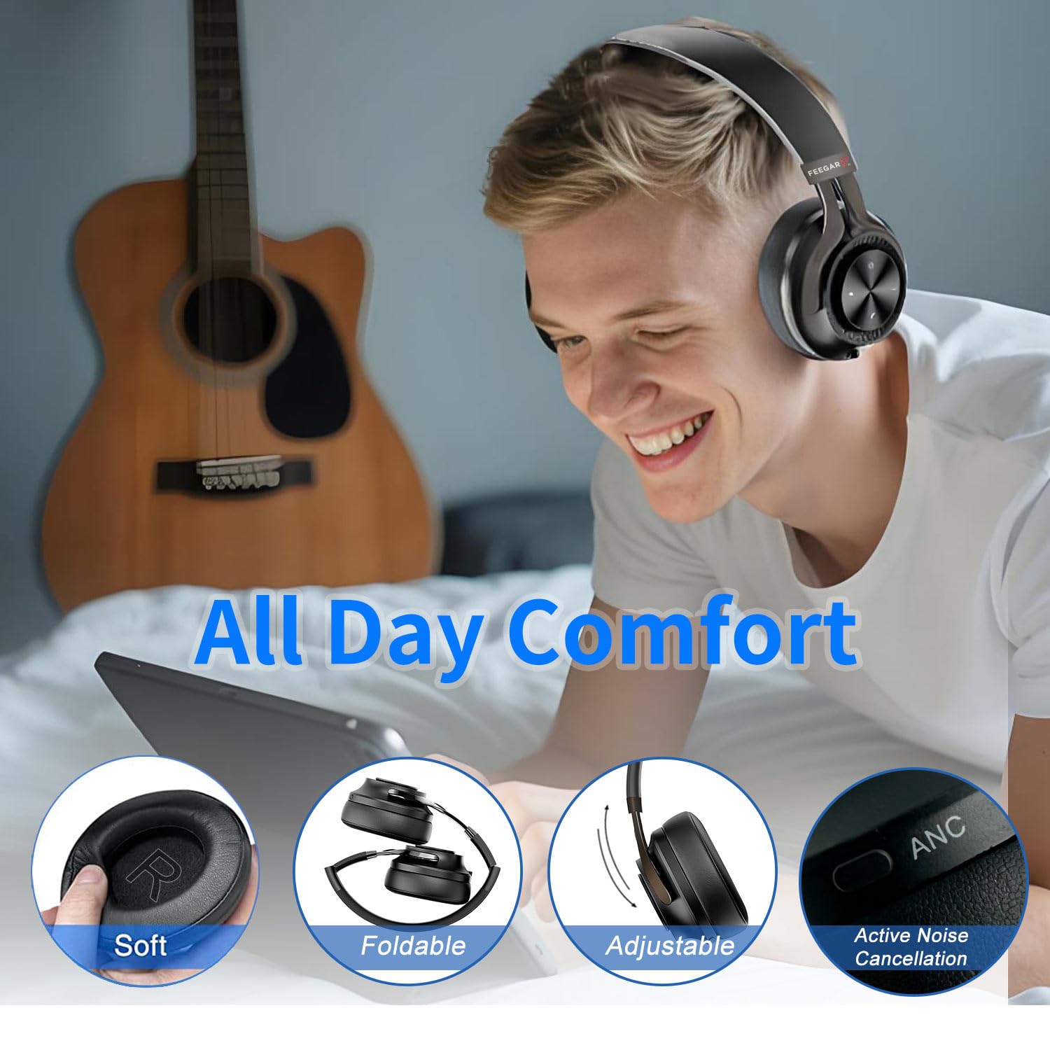 Feegar Bluetooth-Kopfhörer über Ohr, 65 Stunden Spielzeit und ANC, BT 5.4 kabellose Kopfhörer mit Mikrofon, HiFi-Stereo, faltbares leichtes Headset, tiefer Bass für Zuhause, Büro, Handy, PC (Schwarz)