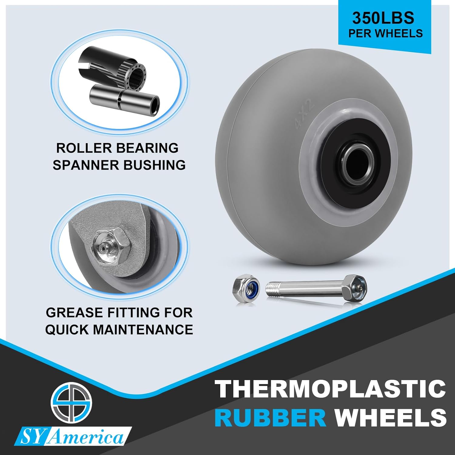 SY America 4" X 2" Heavy Duty Casters Wheels, Industrial Casters, Non-Marking | Thermoplastic Rubber Wheels, 1 Rigid,350 lbs Capacity