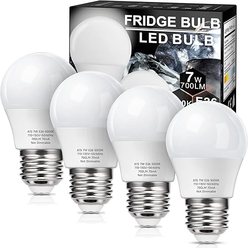 KINDEEP Bombillas LED A15 para refrigerador equivalente a 60 W, bombilla de luz blanca de 7 W, 5000 K, 700 lm para bombilla de nevera, ventilador de
