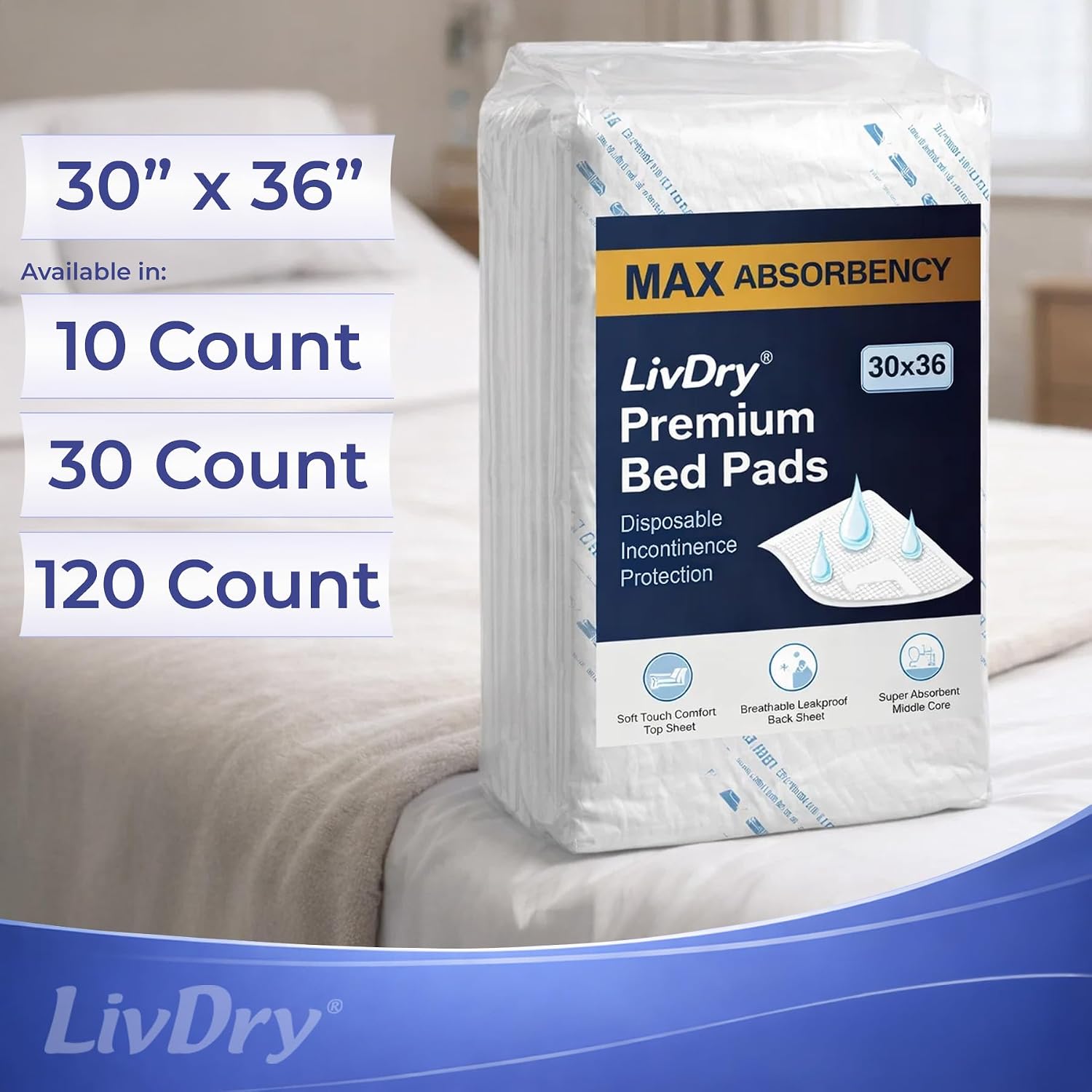 LivDry Bed Pads Disposable Adult, Extra Large 30" x 36" High Capacity Leakproof Incontinence Underpads, Absorbent Waterproof Chux Pads, 30 Count