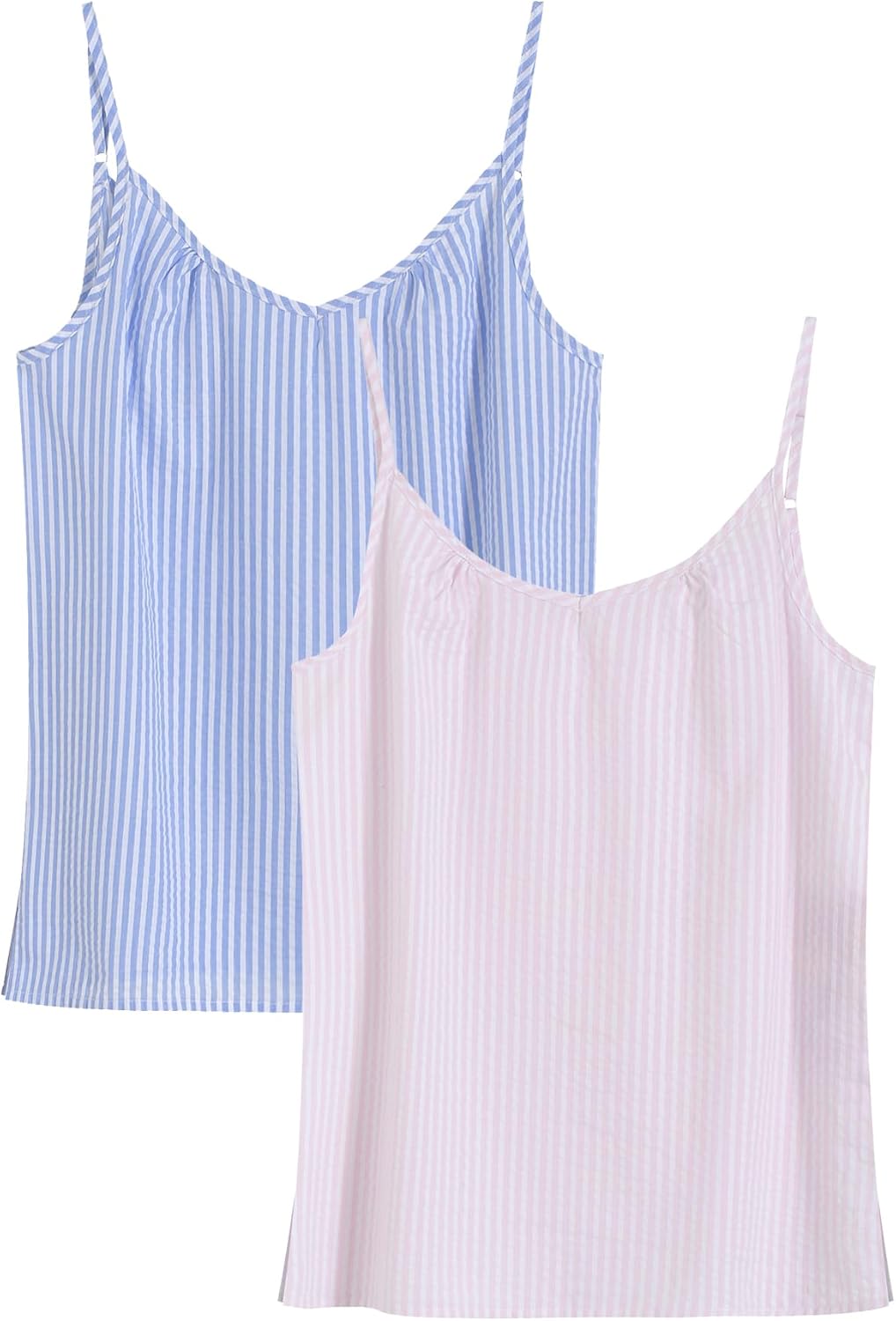 Latuza Women's Cotton Seersucker Pajama Tank Tops V Neck Sleep Camisoles 2 Pack